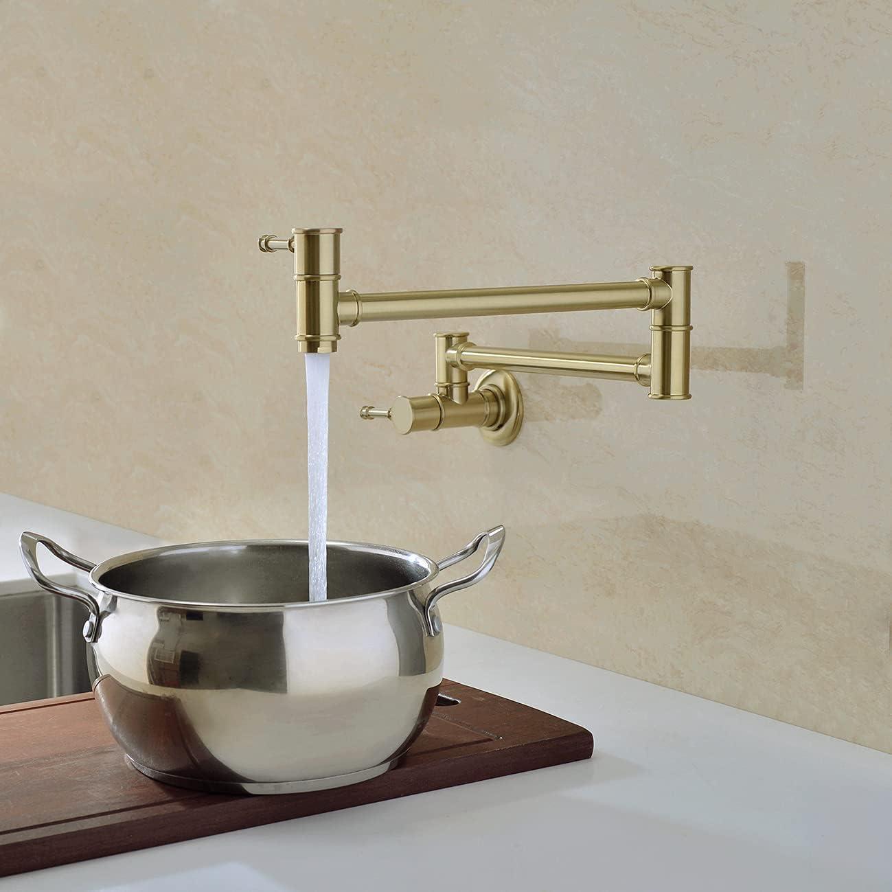 Besdor Pot Filler Faucet Brushed Gold Wall Mount Over Stove Faucet, Commercial Brass Pot Filler Faucet Gold, Double Joint Swing Arms, Single Hole Two Handles Folding Kitchen Faucet