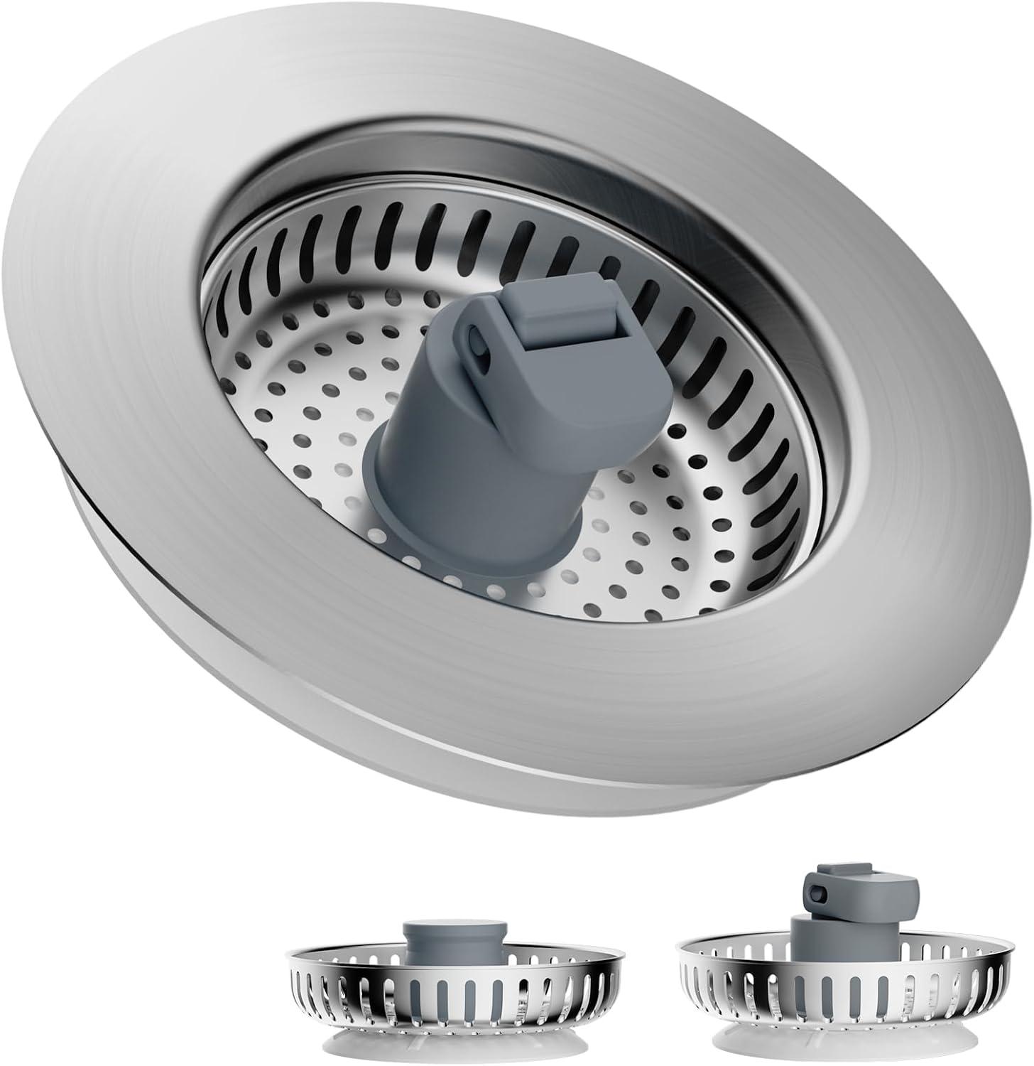 Hibbent 3-in-1 Kitchen Sink Drain Strainer  Stopper , Stainless Steel Pop-Up Design, Anti-Clogging Metal Basket with Handle, Compatible with US Standard 3-1/2" Drain