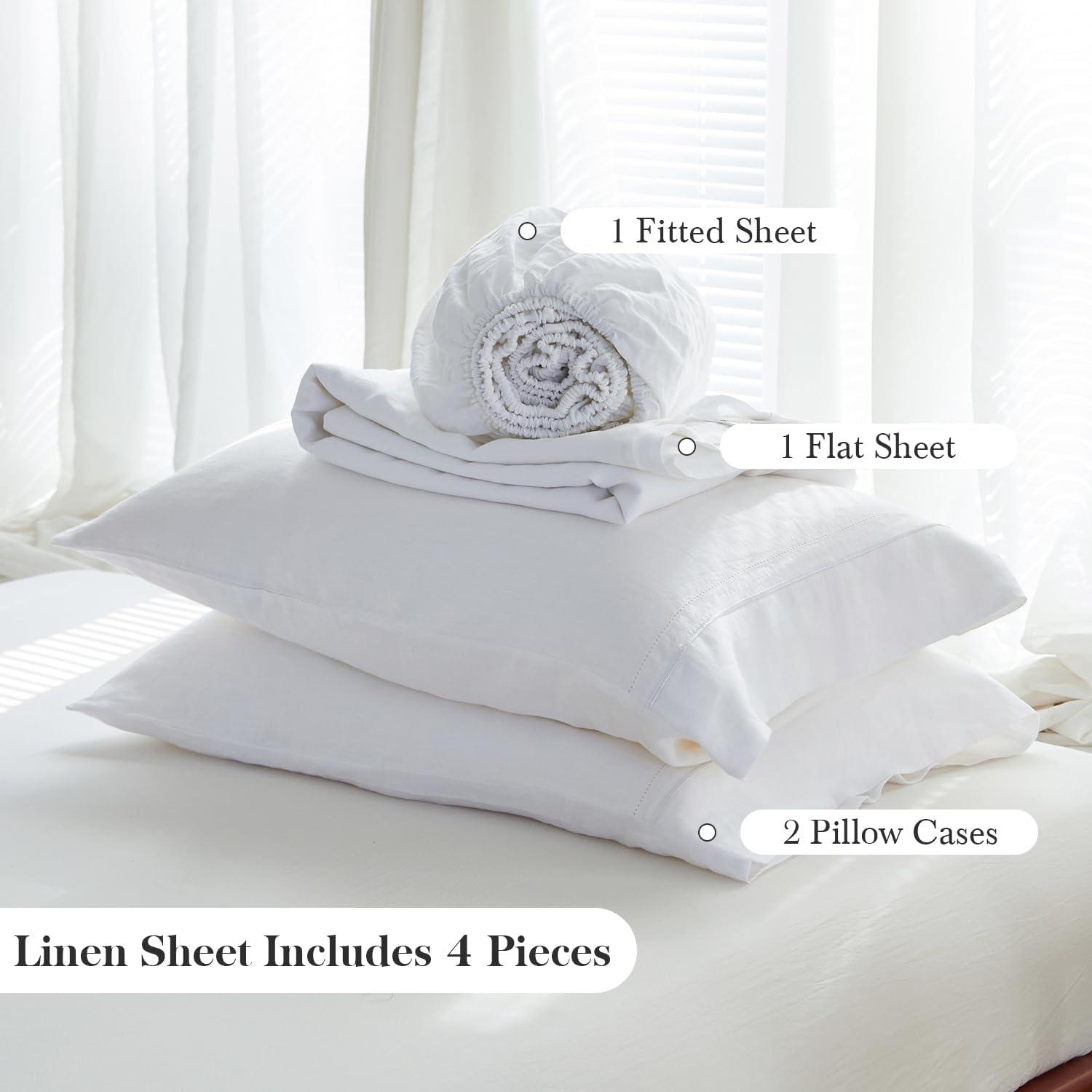 Simple&Opulence Belgian Linen Sheet Set Solid Color - 4 Pieces (1 Flat Sheet, 1 Fitted Sheet & 2 Pillowcases) Natural Flax Cotton Blend Soft Breathable Farmhouse Bedding - Full Size, White