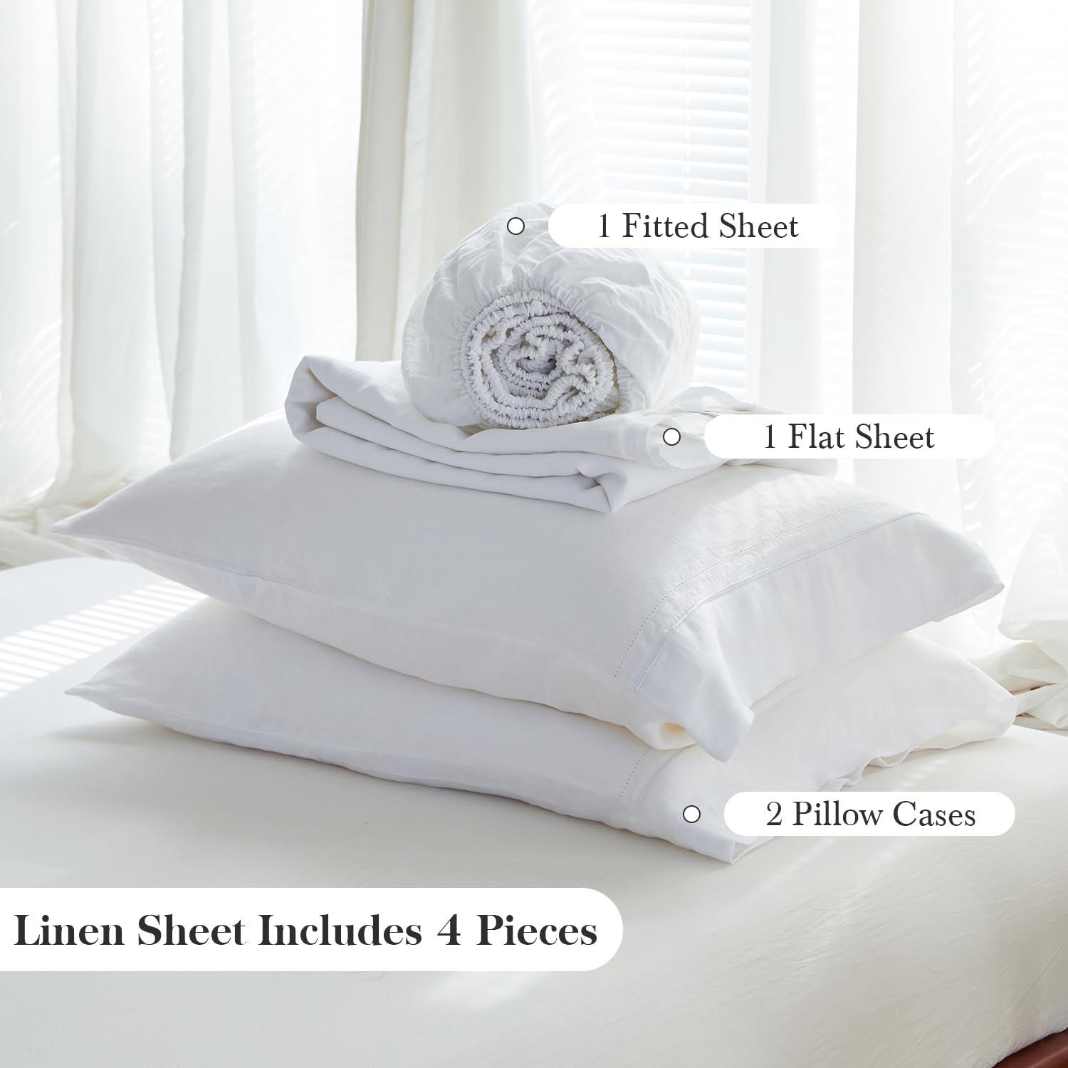 Simple&Opulence Belgian Linen Sheet Set Solid Color - 4 Pieces (1 Flat Sheet, 1 Fitted Sheet & 2 Pillowcases) Natural Flax Cotton Blend Soft Breathable Farmhouse Bedding - Full Size, White
