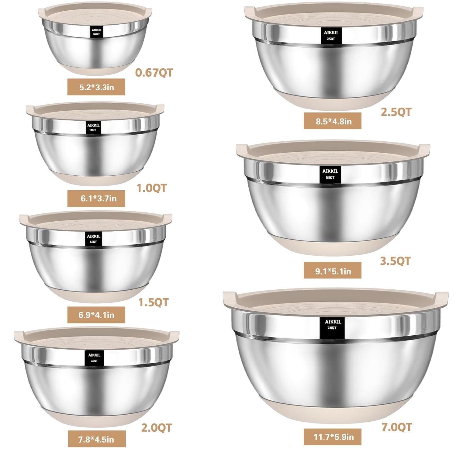 Mixing Bowls with Airtight Lids, 20 piece Stainless Steel Metal Nesting Bowls, Non-Slip Silicone Bottom, Size 7, 3.5, 2.5, 2.0,1.5, 1,0.67QT Great for Mixing, Baking, Serving (Khaki)