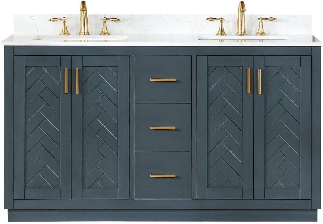 Gazsi 60" Double Bathroom Vanity Set in Charcoal Blue with Grain White Composite Stone Countertop without Mirror