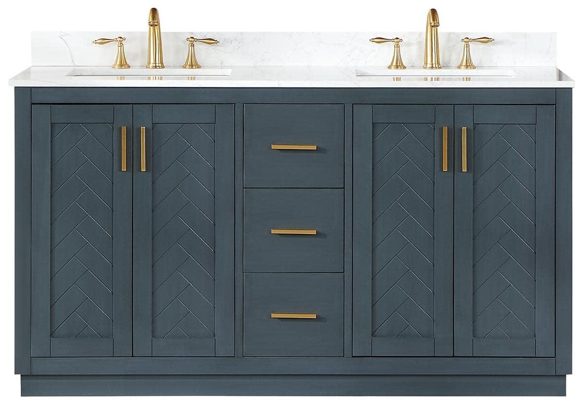 Gazsi 60" Double Bathroom Vanity Set in Charcoal Blue with Grain White Composite Stone Countertop without Mirror