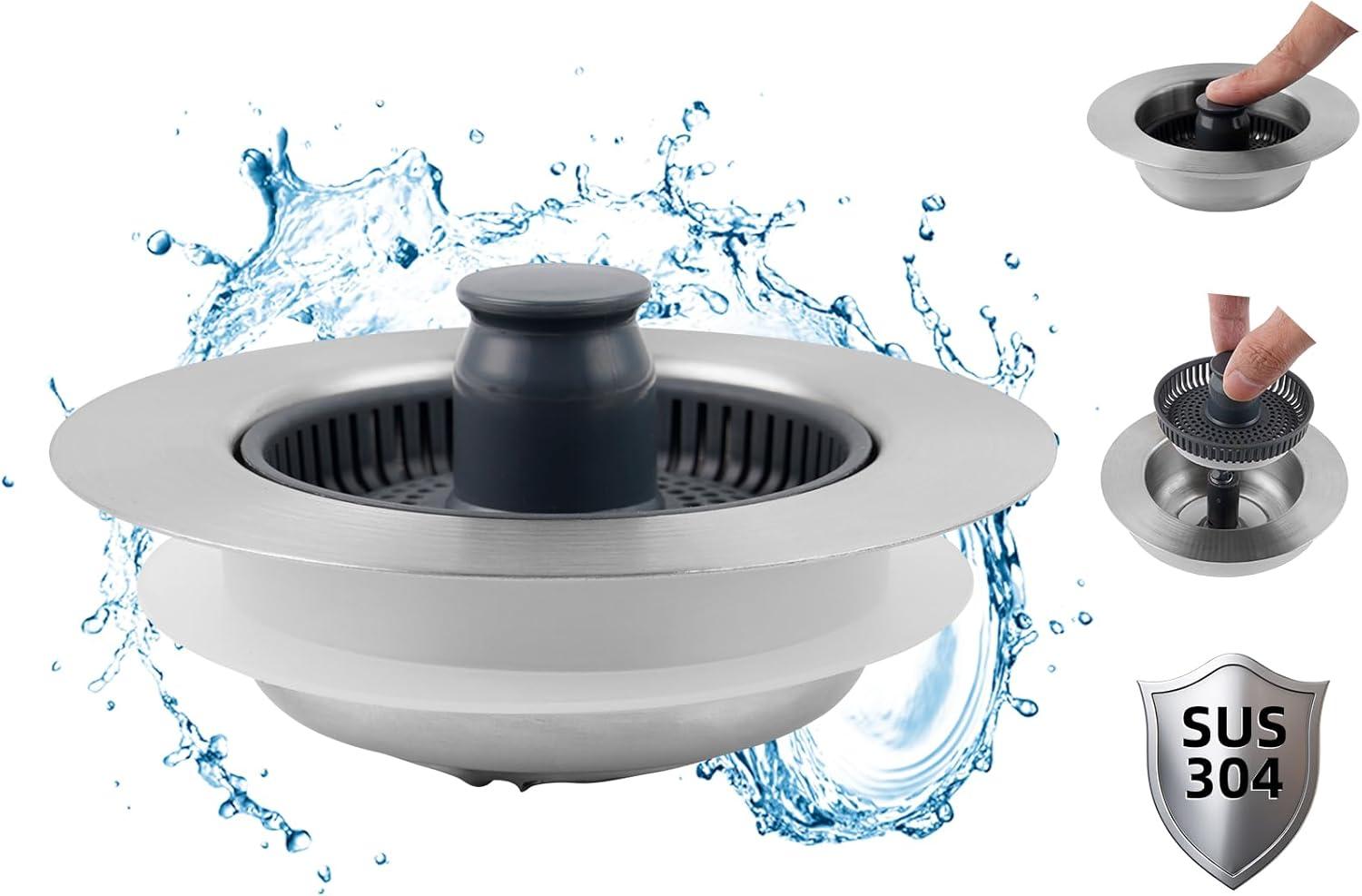 Hibbent 3-in-1 Kitchen Sink Drain Strainer  Stopper , Stainless Steel Pop-Up Design, Anti-Clogging Metal Basket with Handle, Compatible with US Standard 3-1/2" Drain