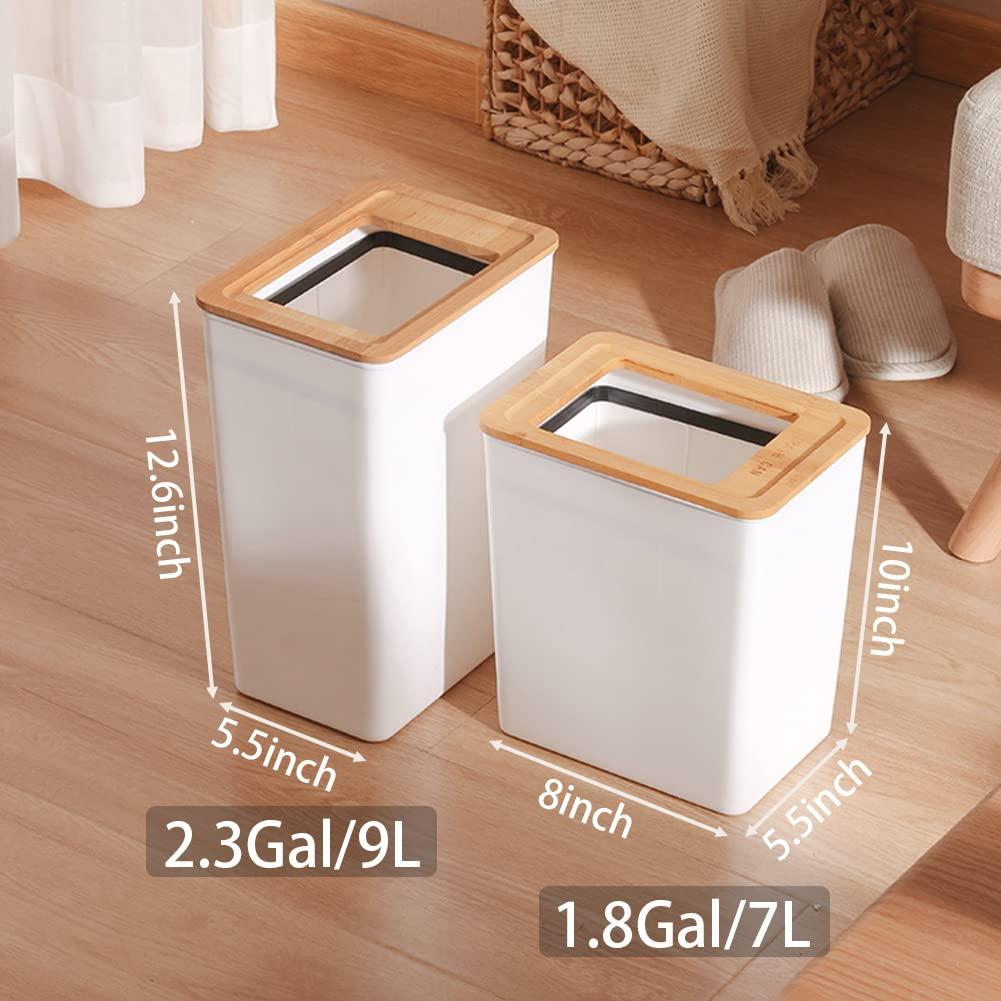 Slim White Plastic Trash Can with Bamboo Lid for Indoor Use