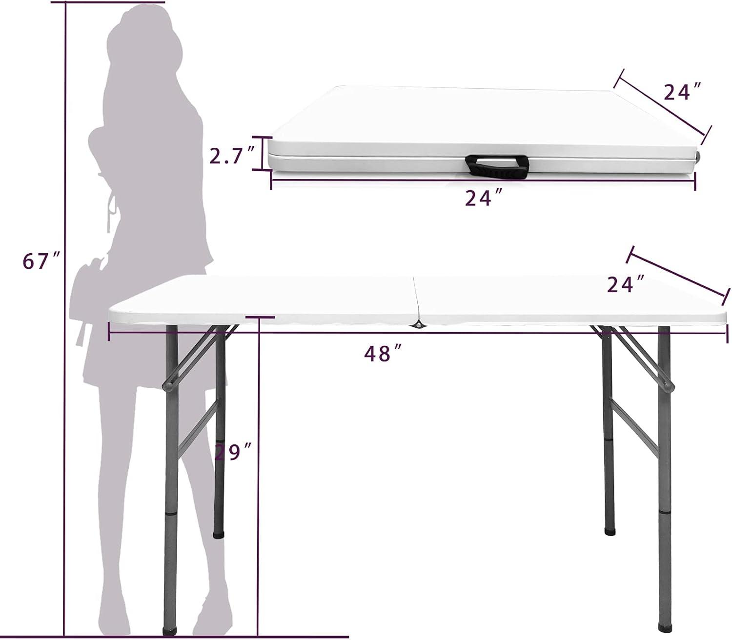 4 ft Portable Folding Table, Idustrial Heavy-Duty Foldable Table, HDPE Plastic Table, with Carrying Handle, Locks, Stright Legs for Indoor & Outdoor Party, Barbeque, Camping, Board Games - White