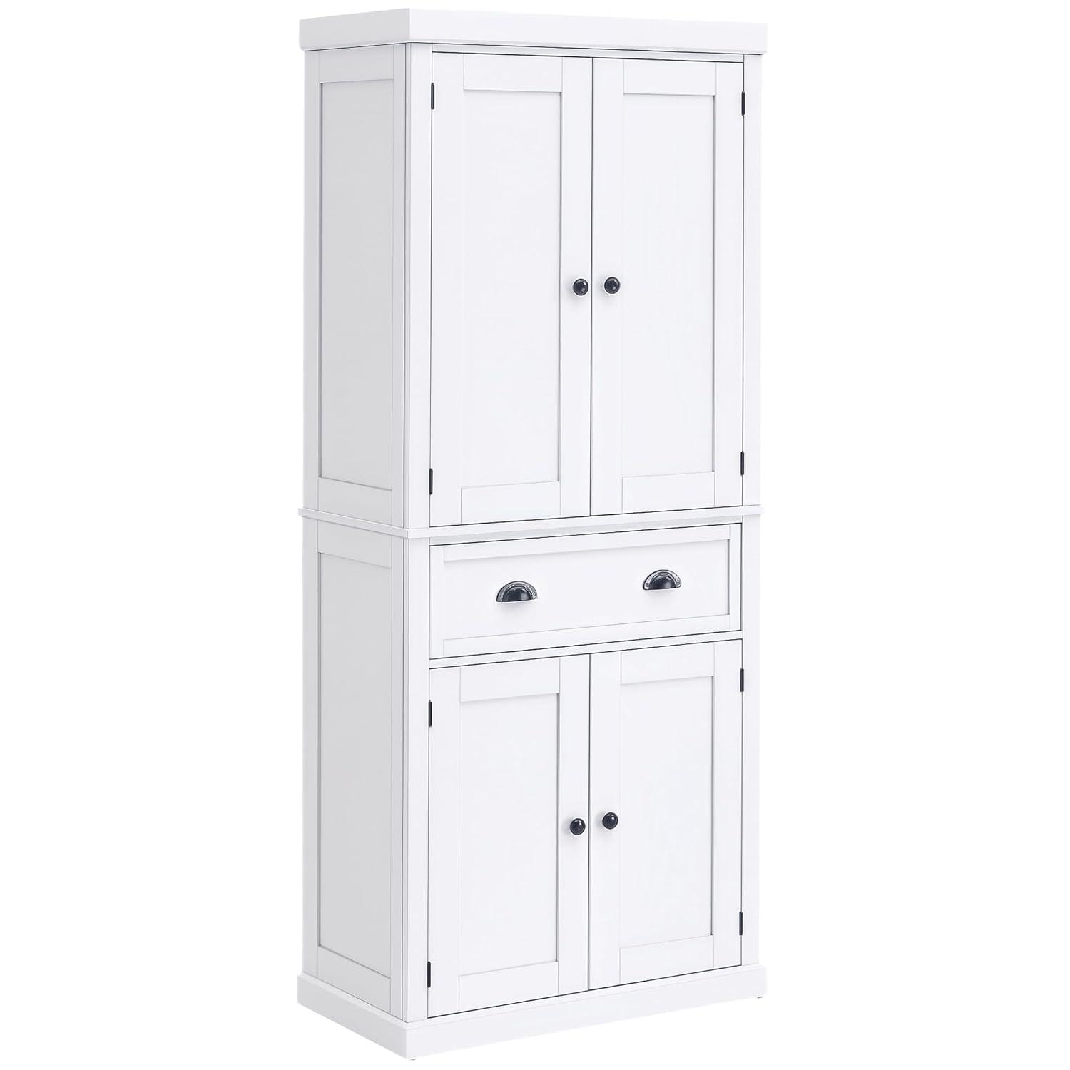 HOMCOM 72.5" Traditional Freestanding Kitchen Pantry Cupboard with 2 Cabinet, Drawer and Adjustable Shelves, White