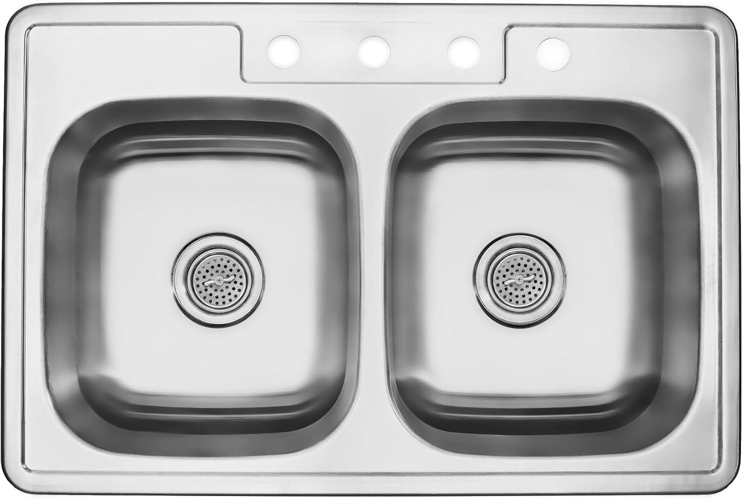 Magnolia Sinks Kitchen Sink Stainless Steel Drop In Top Mount 33" x 22", 4 hole (33 inch Drop-in Topmount 50/50 Double Bowl with Strainers) Self Rimming