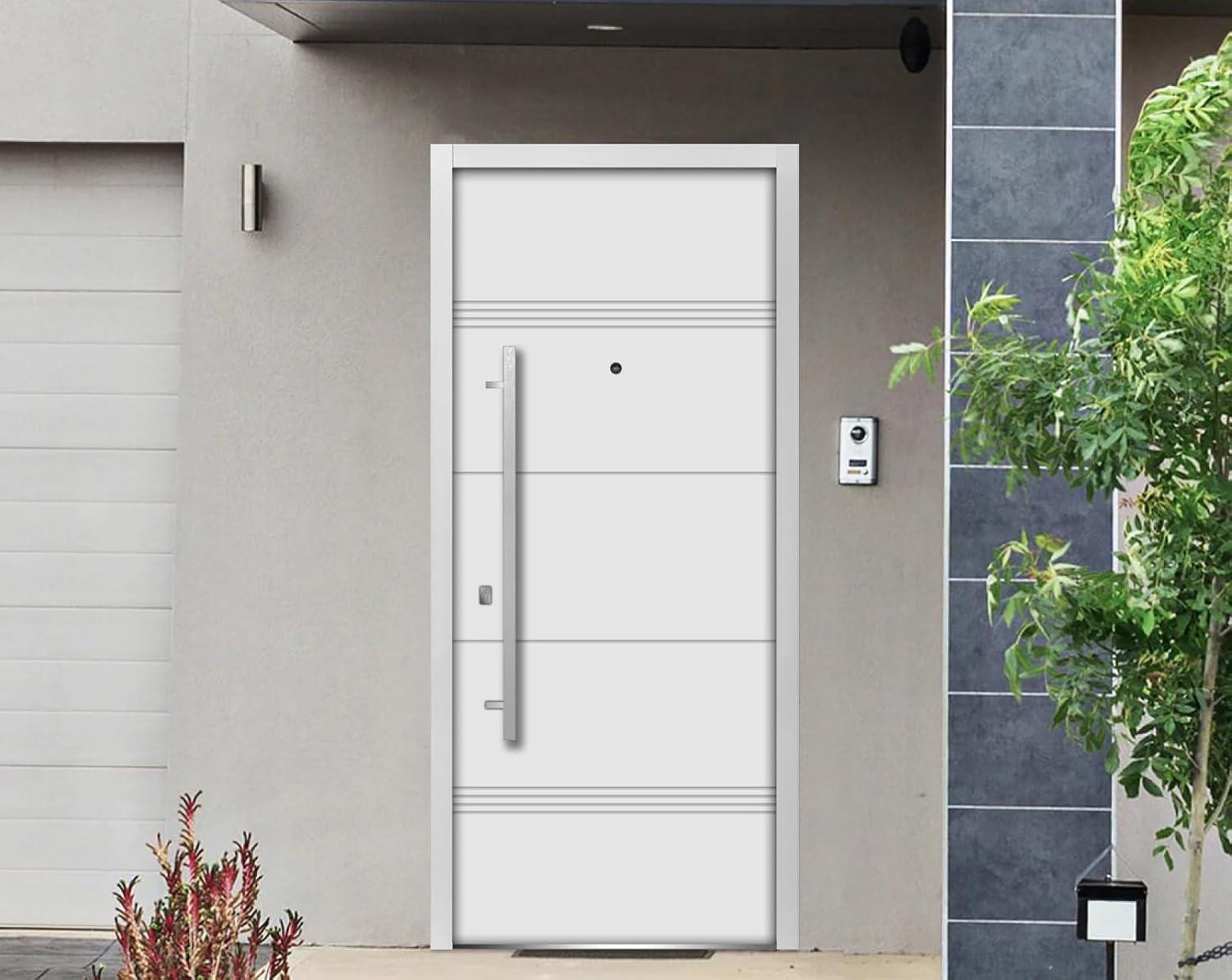 VDOMDOORS Front Exterior Prehung Steel Door 36 x 80 inches Right-Hand/Deux 1705 White Enamel/Horizontal Lines Single Modern Painted