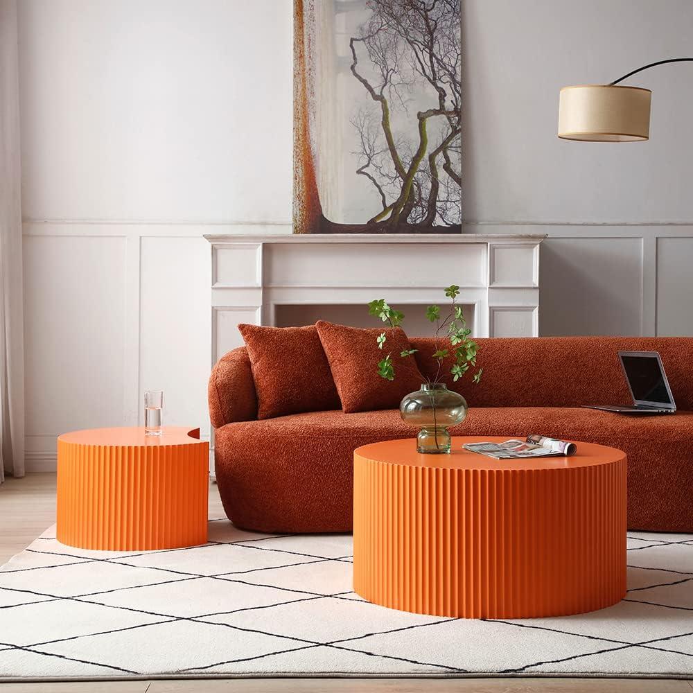 WILLIAMSPACE Nesting Coffee Table Set of 2, Matte Orange Round Wooden Coffee Tables, Modern Luxury Side Tables Accent End Table for Living Room Apartment, 23.62"*23.62"*15.75"H (Orange,Round)