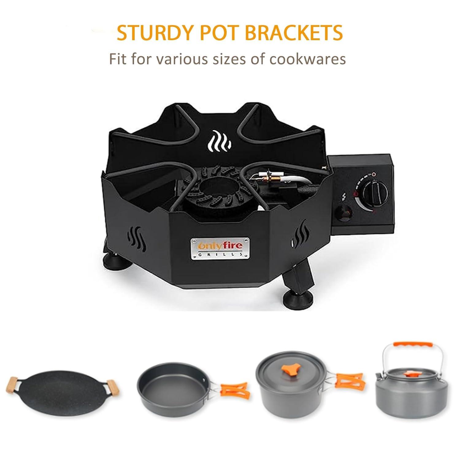 ONLYFIRE Portable Gas Burner with Adjustable Removable Legs, Propane Camping Stove for Backyard RV Tailgating Outdoor Cooking, works for Wok, Skillet, Frying Pan, Pot, 4FT Hose, 65000BTU, GS301