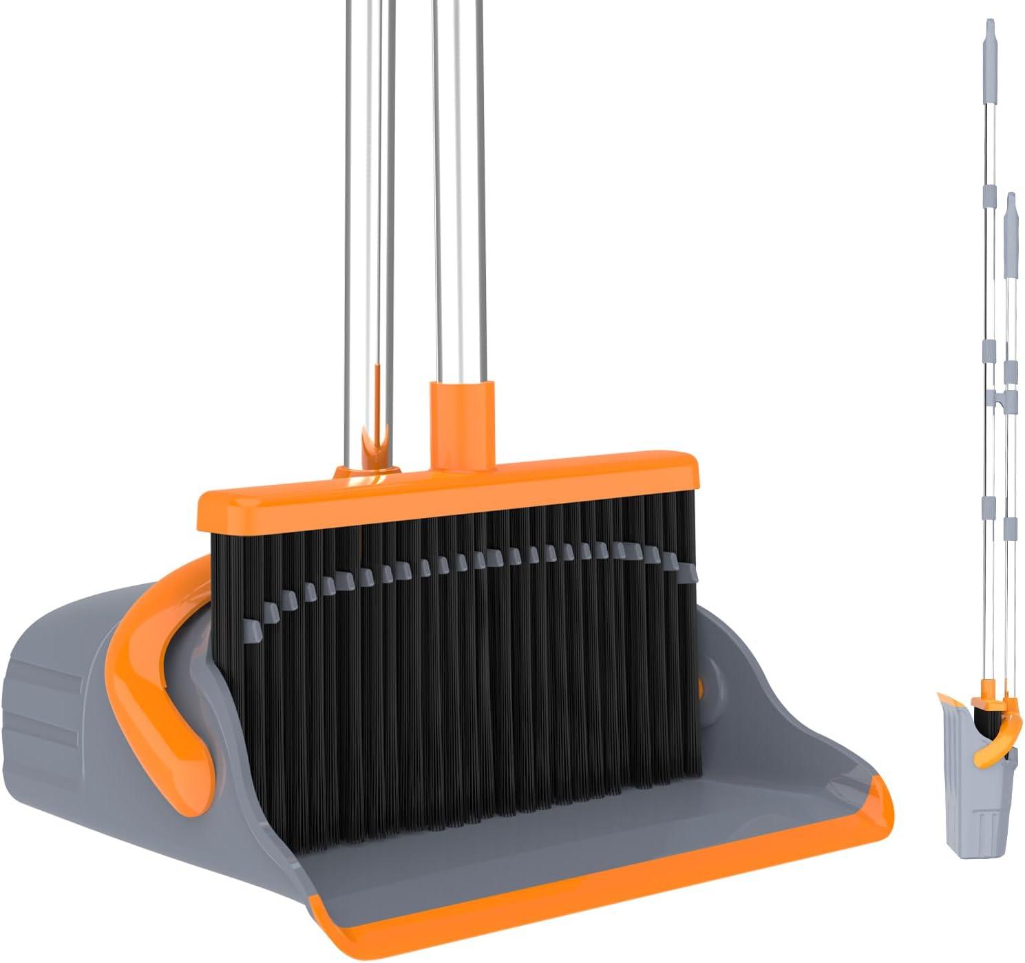 Broom and Dustpan Set for Home, Broom and Dustpan Combo for Office, Long Handle Broom with Upright Standing Dust pan,Indoor&Outdoor Sweeping (Gray&Orange)