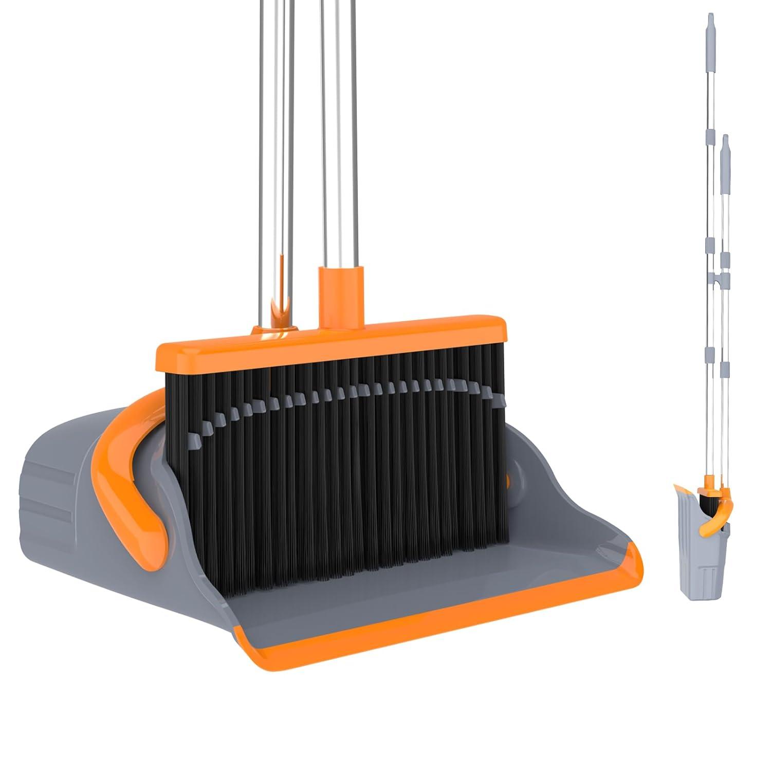 Heavy-Duty Broom and Dustpan Set for Outdoor Broom and Dust pan for Home Commercial Cleaning Supplies Angle Broom with Long Handle Perfect for Courtyard Garage Lobby Mall Market Street, B6