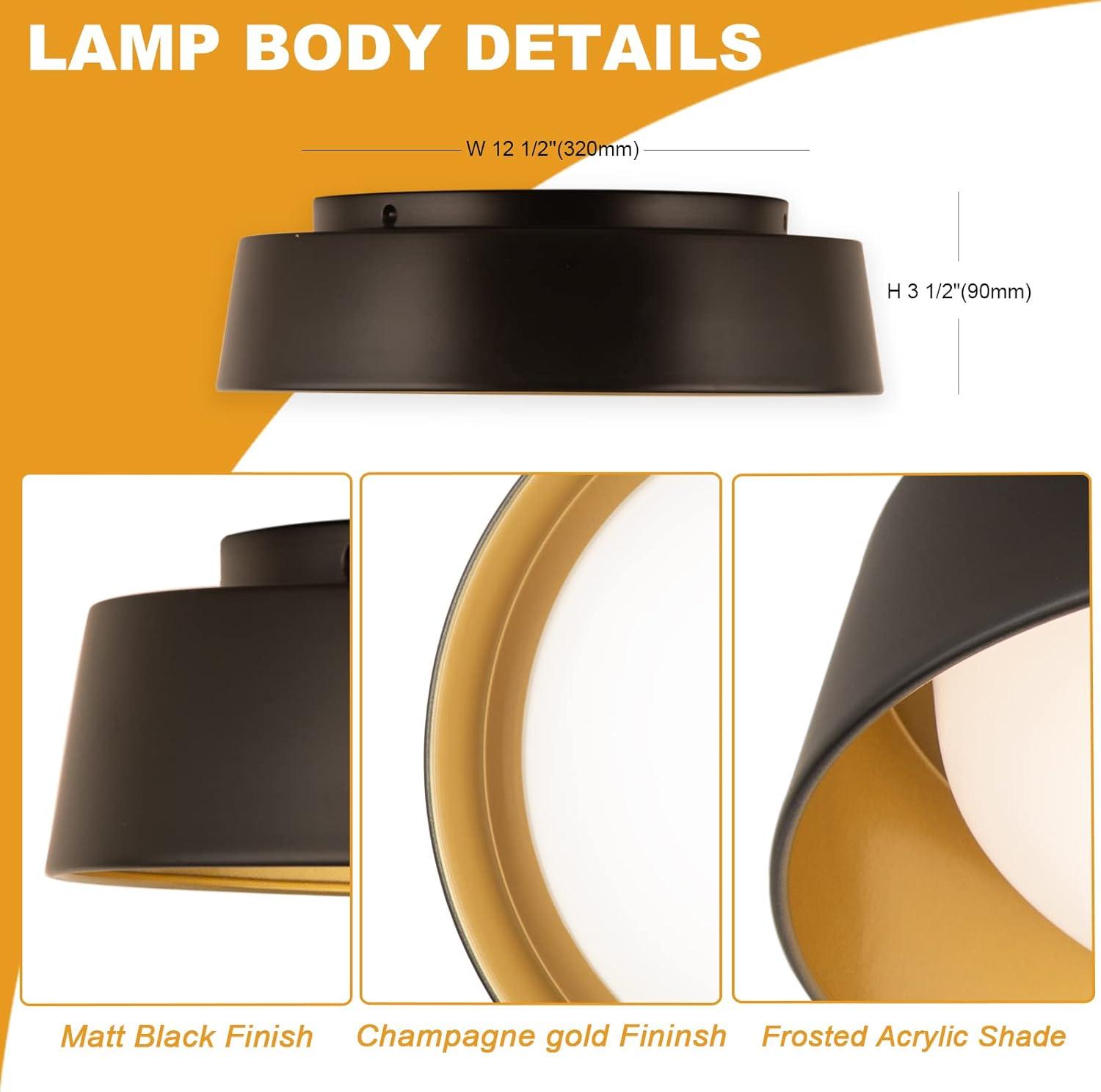 12.5 Inch LED Flush Mount Ceiling Light Fixture, 26W, Super Bright 1350 Lumen, 3 Color 3000K/4000K/5000K, Matt Black with Gold Inside, Dimmable Ceiling Lamp for Bedroom Hallway Bathroom Outdoor