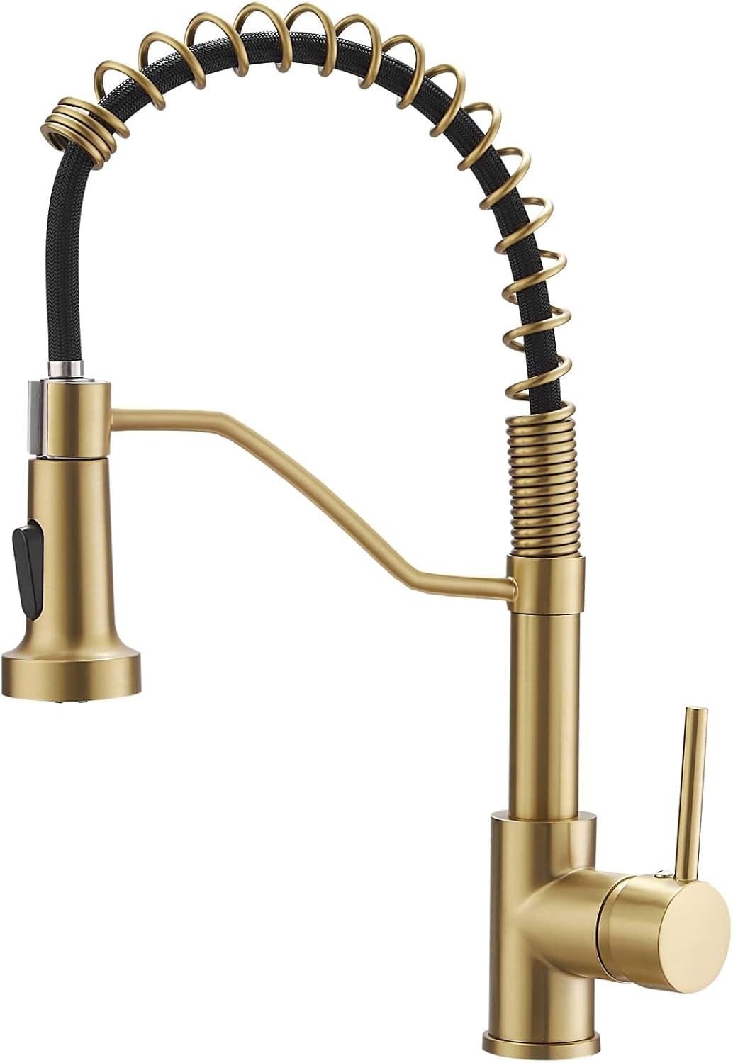 Brushed Gold Brass Kitchen Faucet with Pull-Out Spray