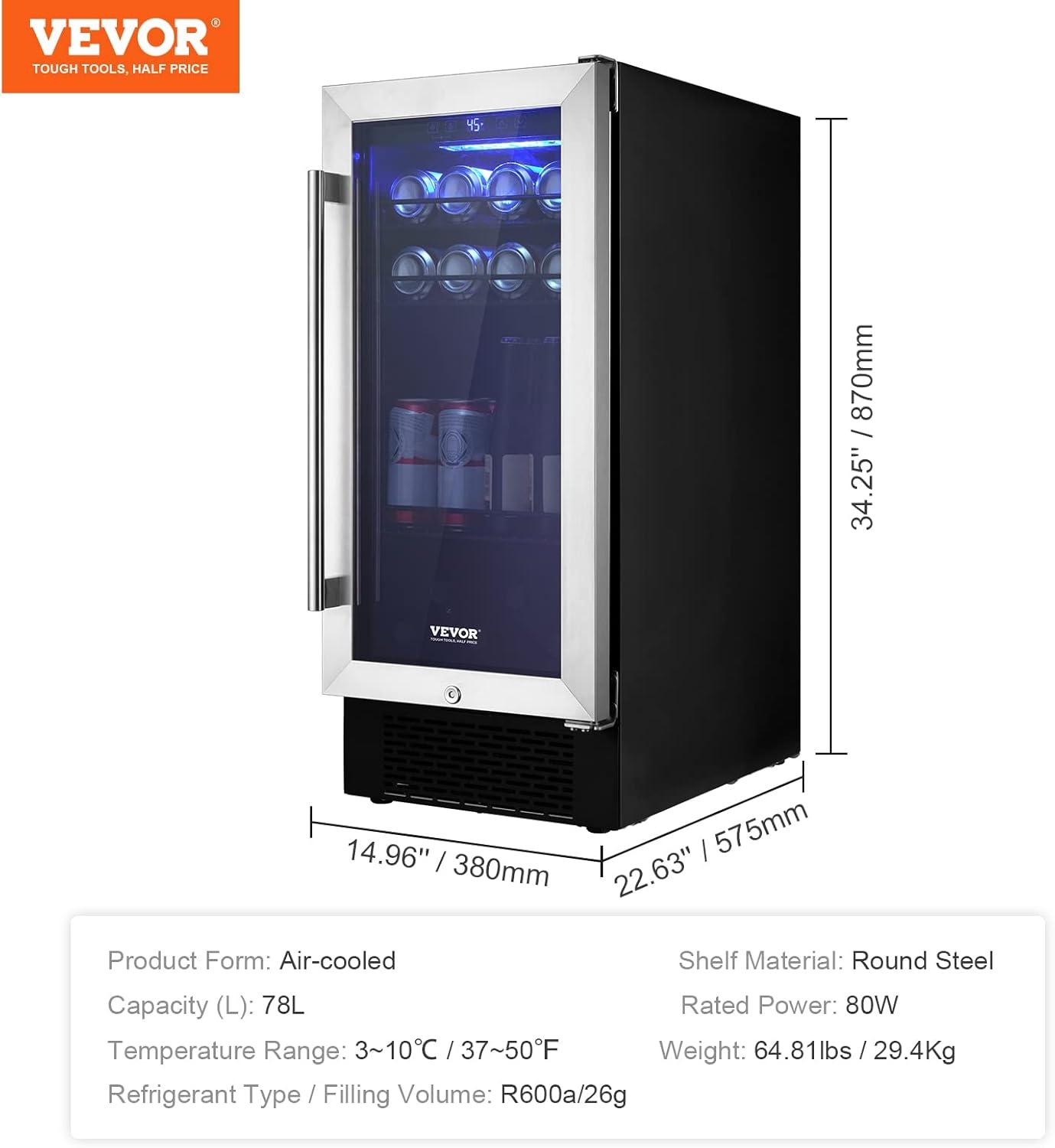 VEVOR Wine Cooler, 30 Bottles Capacity Under Counter Built-in or Freestanding Wine Refrigerator, Beverage Cooler with Blue LED Light, Single Door, Child Lock for Drink Beer Soda Wine Water, ETL Listed