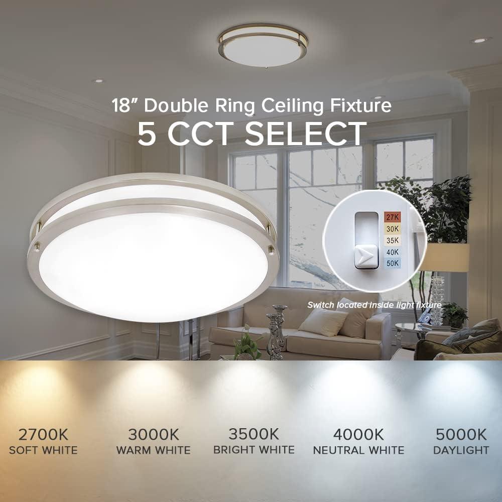 Maxxima 18 in. LED Flush Mount Ceiling Light, 5 CCT 2700K-5000K, 2000 Lumens, Round Color Selectable Dual Ring Fixture, Dimmable