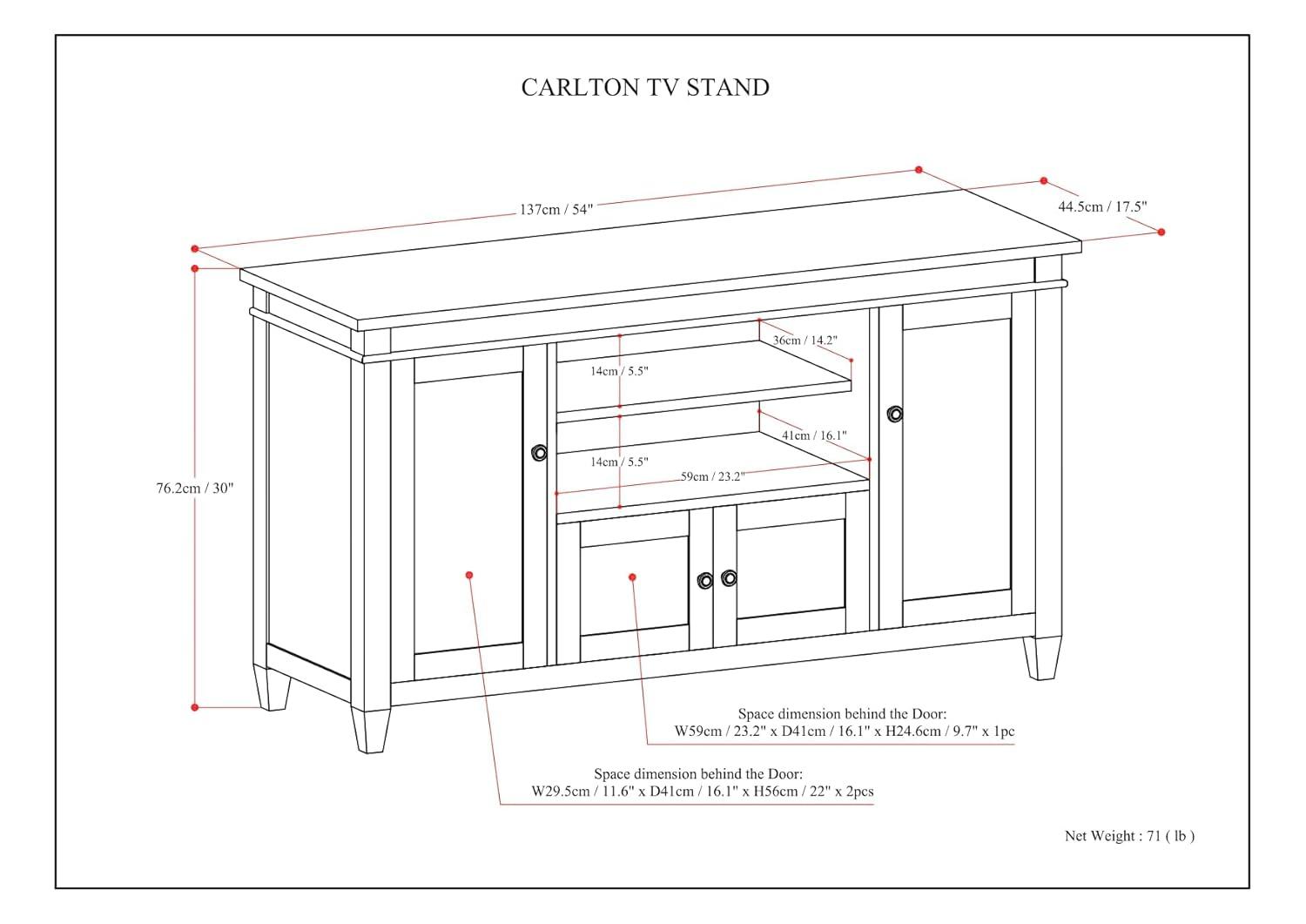 Simpli Home Carlton 54"W Solid Wood TV Stand for TVs up to 60" with 4 Cabinets