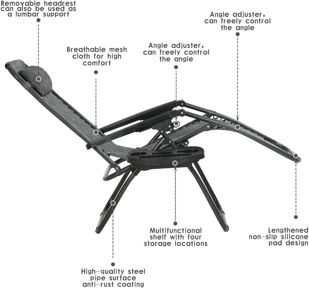 FDW Zero Gravity Chairs Set of 2 with Pillow and Cup Holder Patio  Outdoor Adjustable Dining Reclining Folding Chairs for Deck Patio Beach,Grey