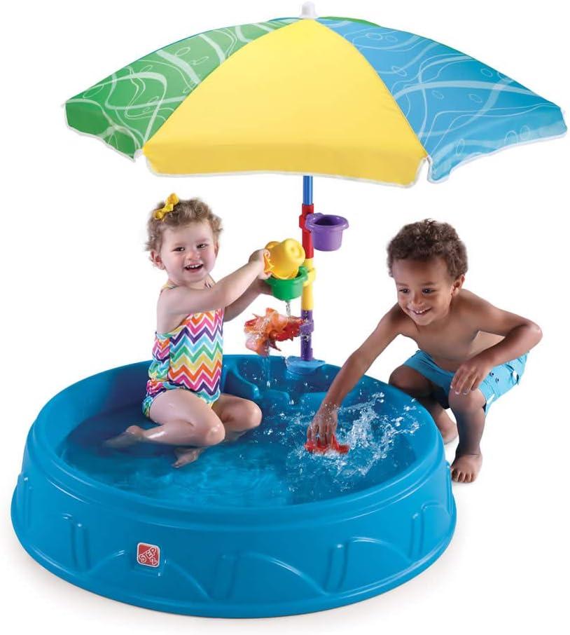 Blue Round Kiddie Pool with Umbrella and Toys