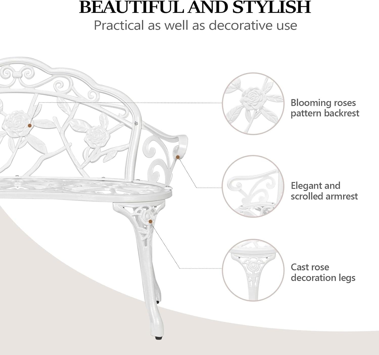 WANCQ 38.5" Patio Park Garden Outdoor Metal Rose Bench,Cast Iron Cast Aluminium Frame Antique Finish Chair,Accented Lawn Front Porch Path Yard Decor Deck Furniture for 2 Person Seat（White)