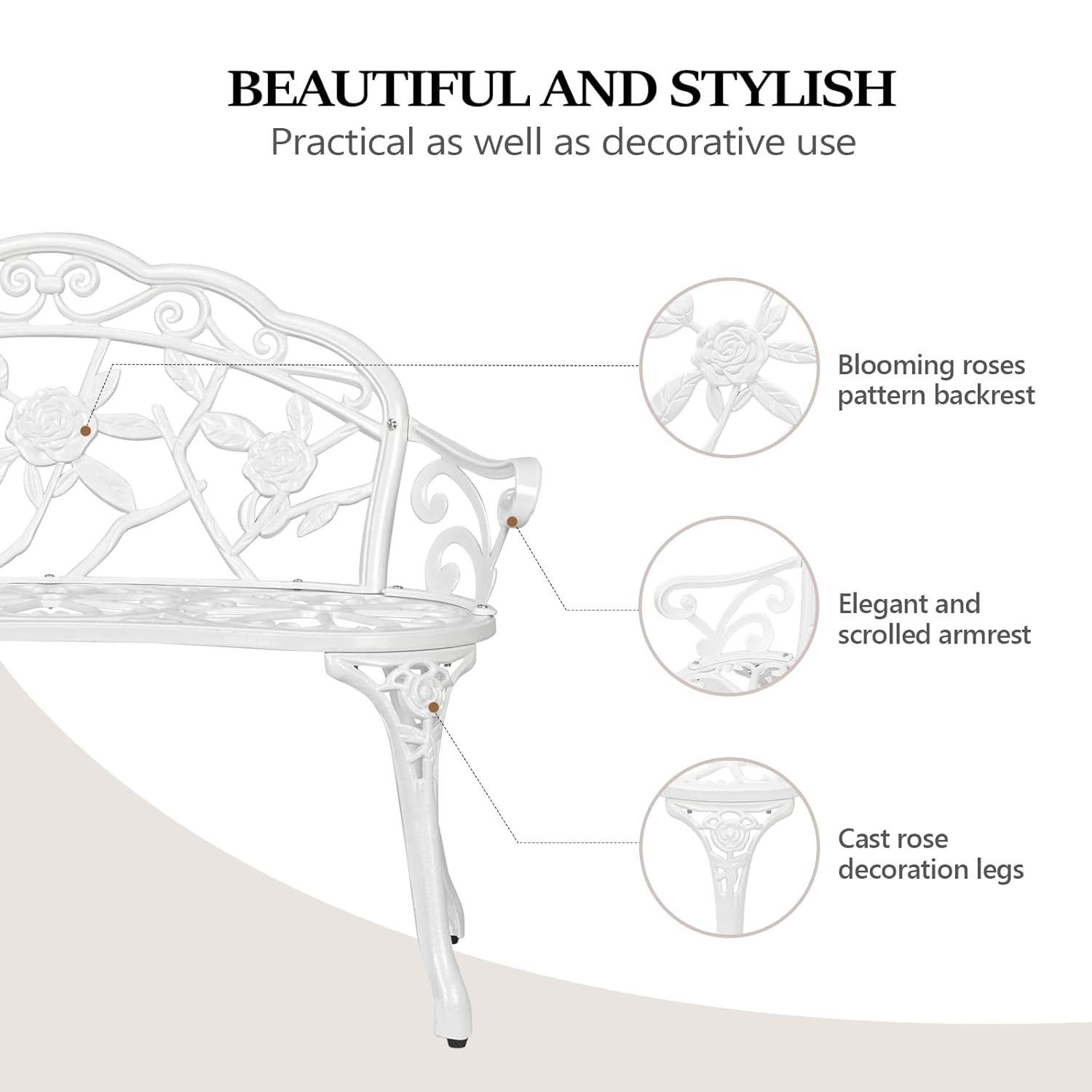 WANCQ 38.5" Patio Park Garden Outdoor Metal Rose Bench,Cast Iron Cast Aluminium Frame Antique Finish Chair,Accented Lawn Front Porch Path Yard Decor Deck Furniture for 2 Person Seat（White)