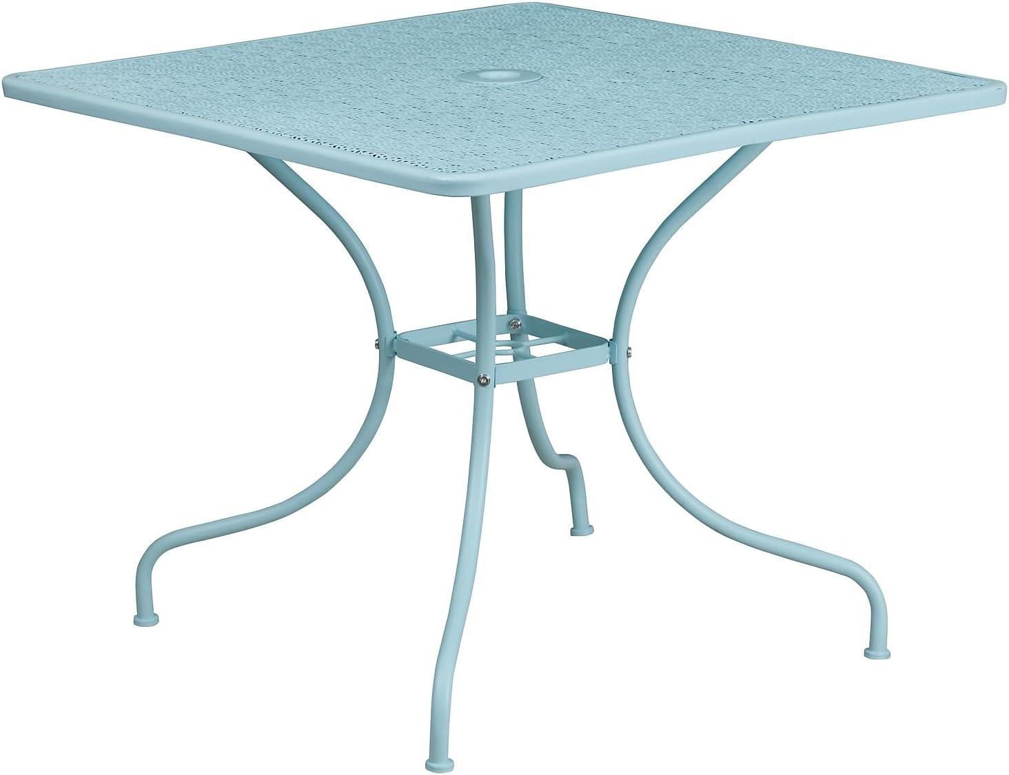Flash Furniture Oia Commercial Grade 35.5" Square Sky Blue Indoor-Outdoor Steel Patio Table with Umbrella Hole