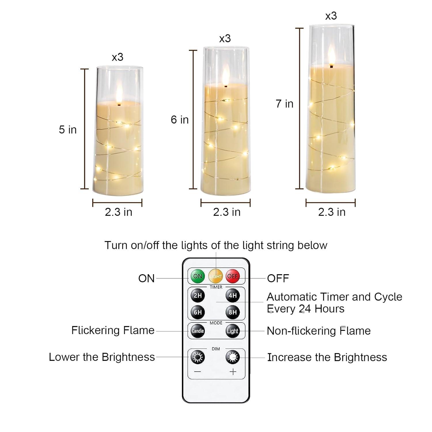 Flameless Candles with Embedded Star String, Battery Operated LED Pillar Candles with Timer and Remote Control,Home Decorating for Ambiance， Set of 9 (Ivory)