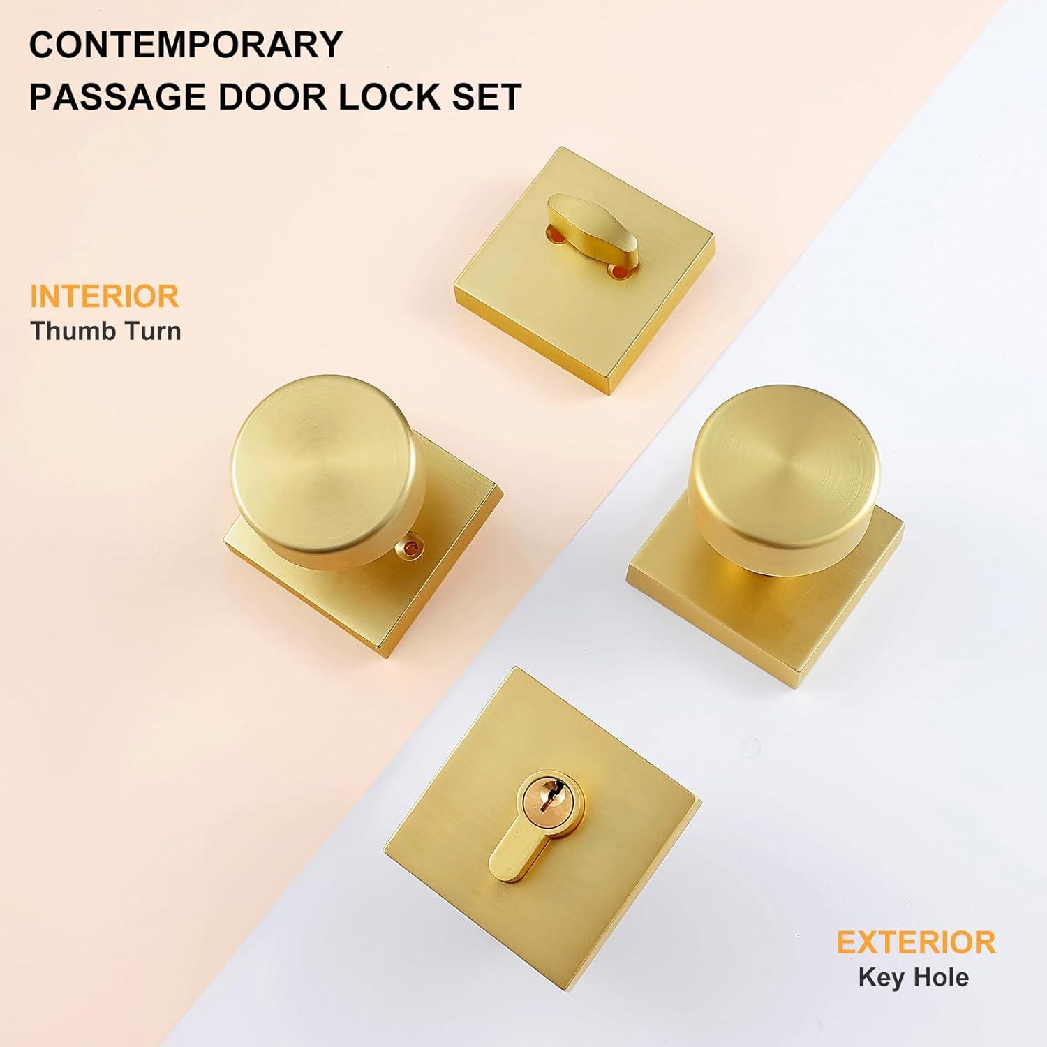 Modern Satin Brass Square Deadbolt Lock and Knob Set
