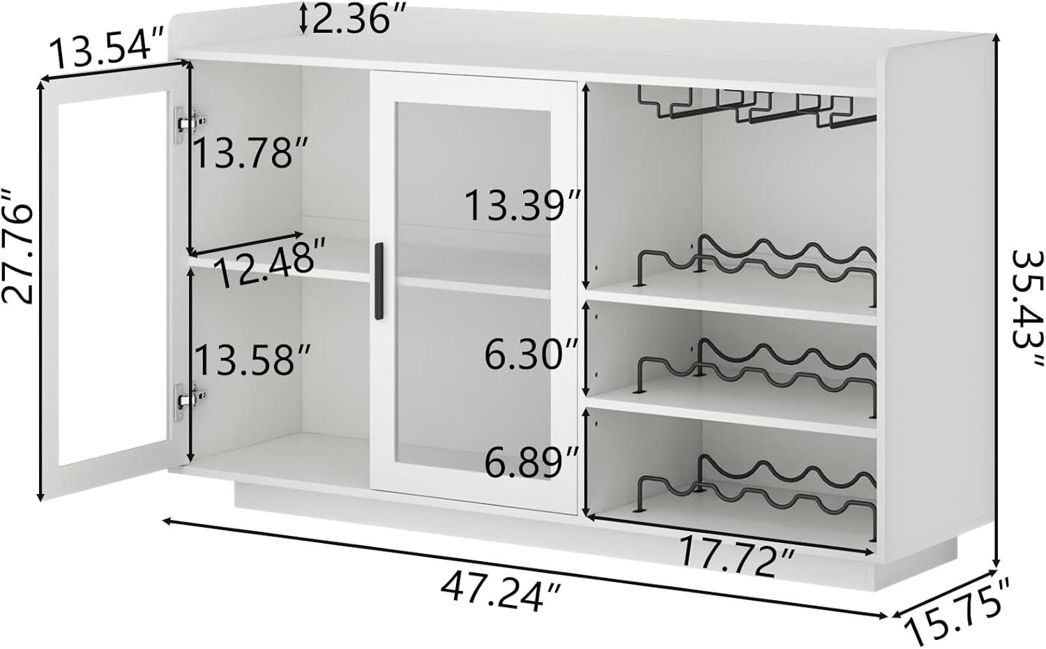 Brayden Studio® Wine Bar Cabinet with LED Lights, Floating Coffee Bar with Glass Rack and Removable Wine Racks, Modern Buffet Sideboard with Storage Shelves, Kithchen Bar with Glass Cabinet Doors, White
