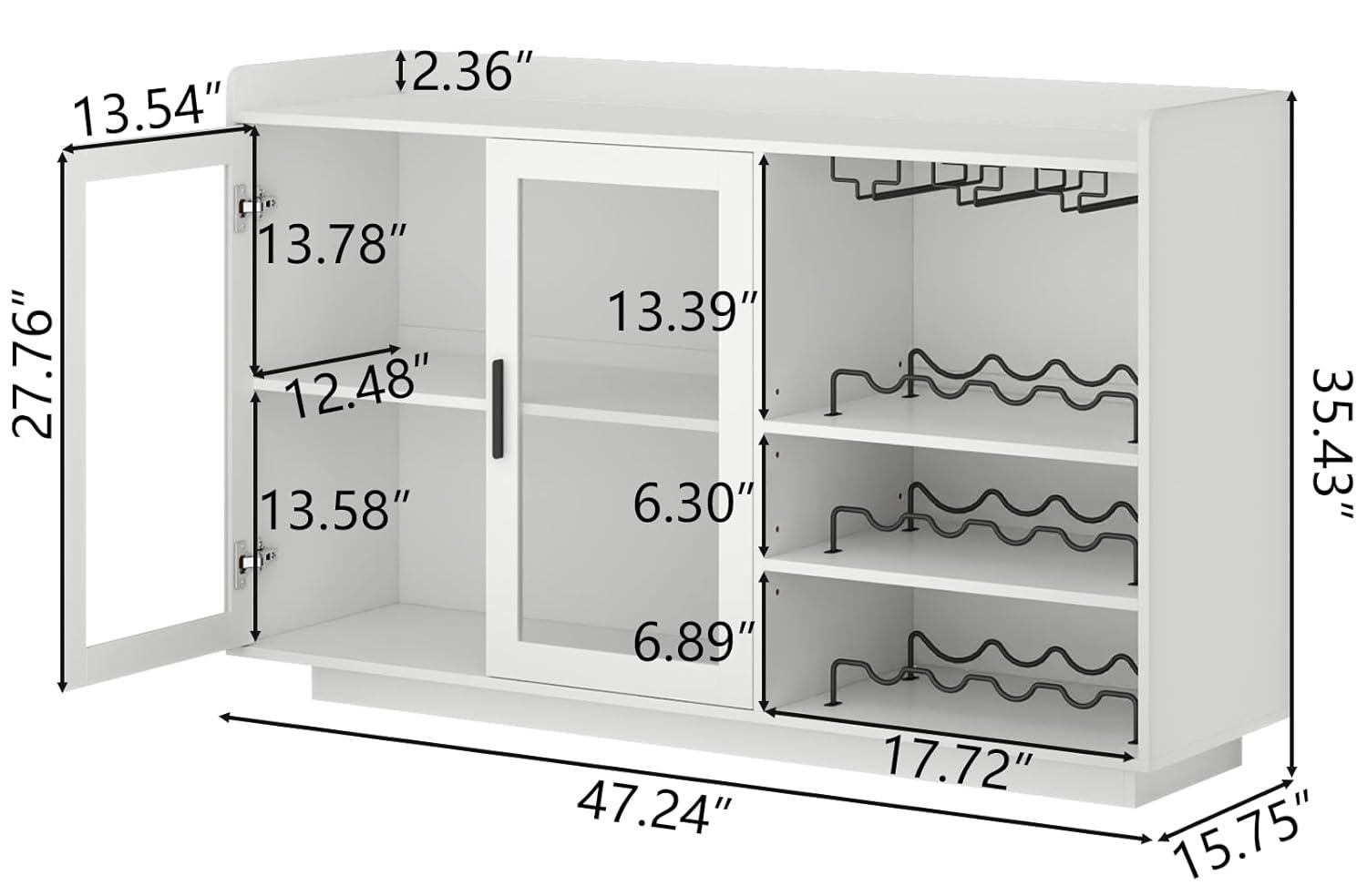 Brayden Studio® Wine Bar Cabinet with LED Lights, Floating Coffee Bar with Glass Rack and Removable Wine Racks, Modern Buffet Sideboard with Storage Shelves, Kithchen Bar with Glass Cabinet Doors, White