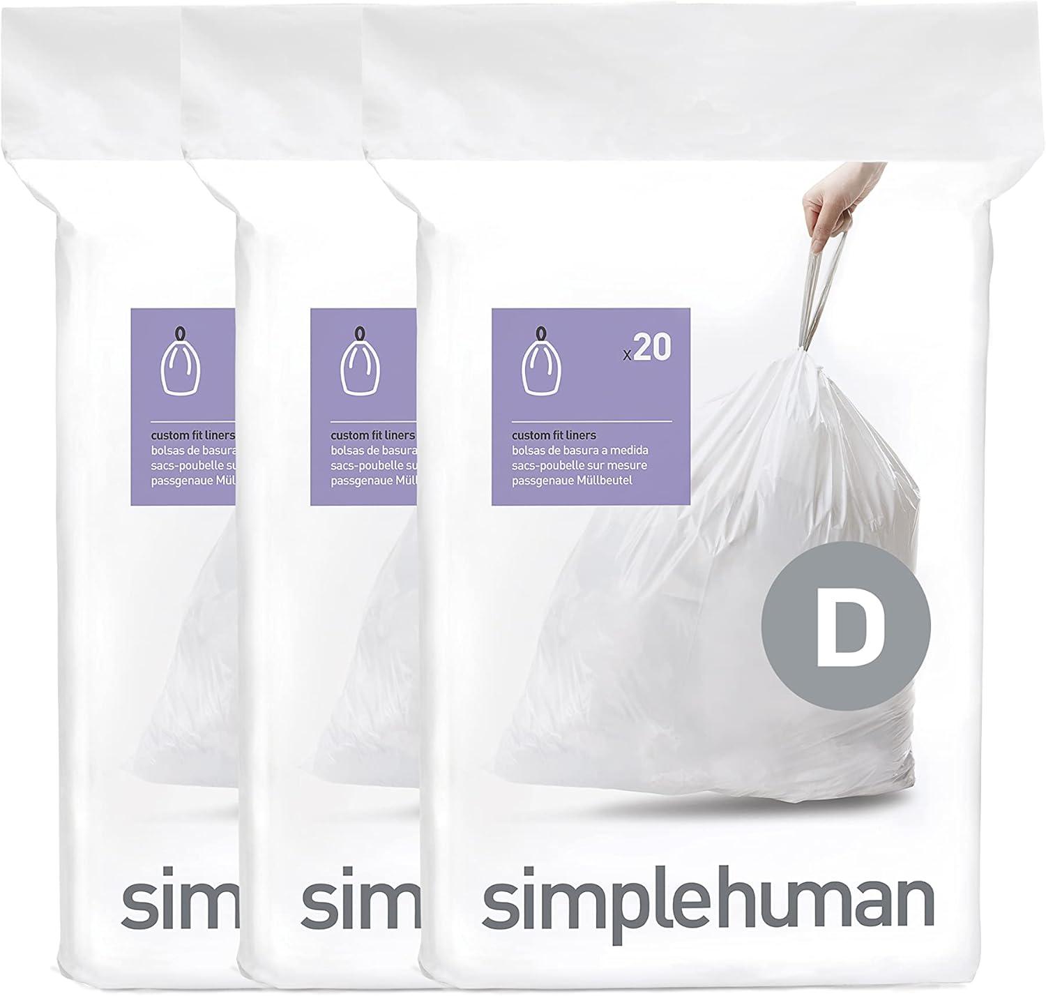 simplehuman 20L Code D Custom Fit Kitchen Trash Bag Liners 3 Quick Dispense Packs - 60ct: Tall Kitchen, Drawstring, White