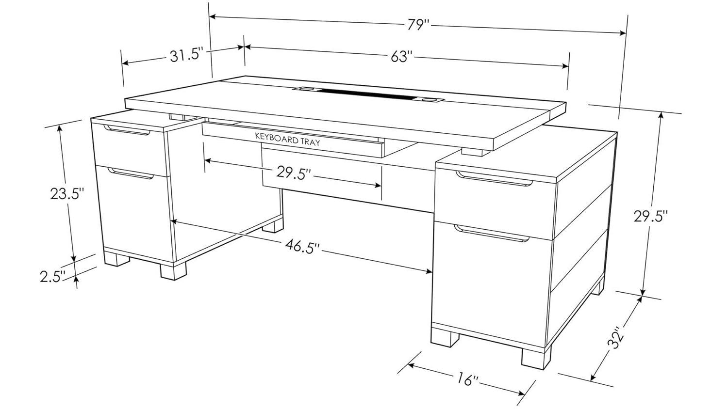 Zuri Furniture 79" Modern Ford Executive Desk with Filing Cabinets - White
