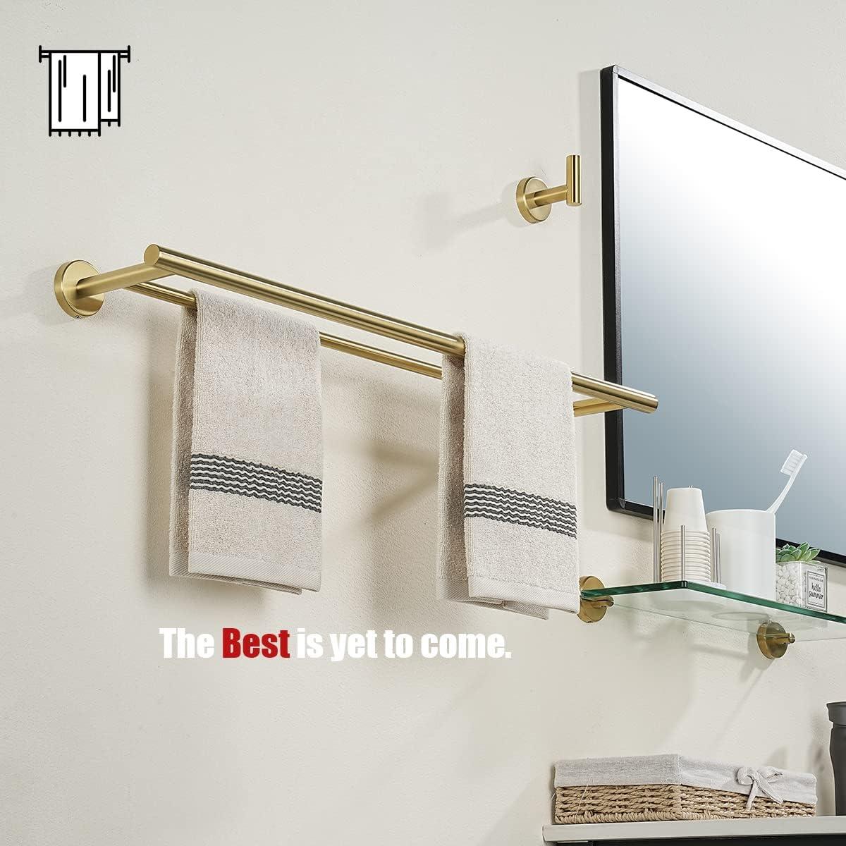 JQK Double Towel Bar 27 Inch, Brass Gold Useable Length 24 Inch 304 Stainless Steel Thicken 0.8mm Bath Towel Rack for Bathroom, Towel Holder Wall Mount, TB100L24-BG