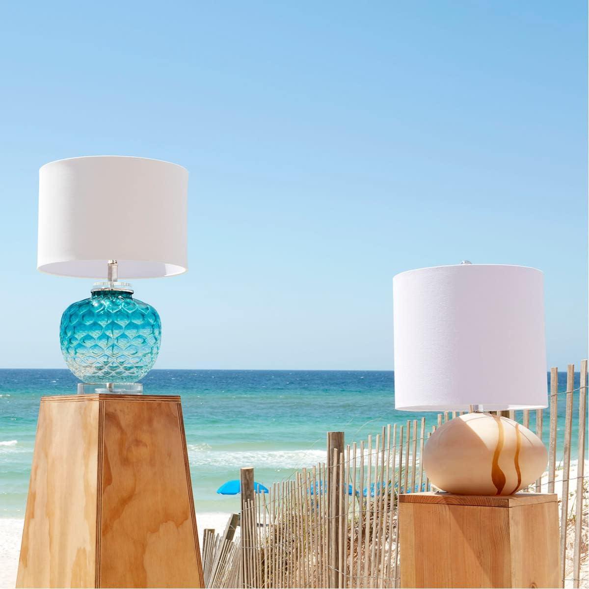 Teal Glass Table Lamp with Off-White Cotton Shade