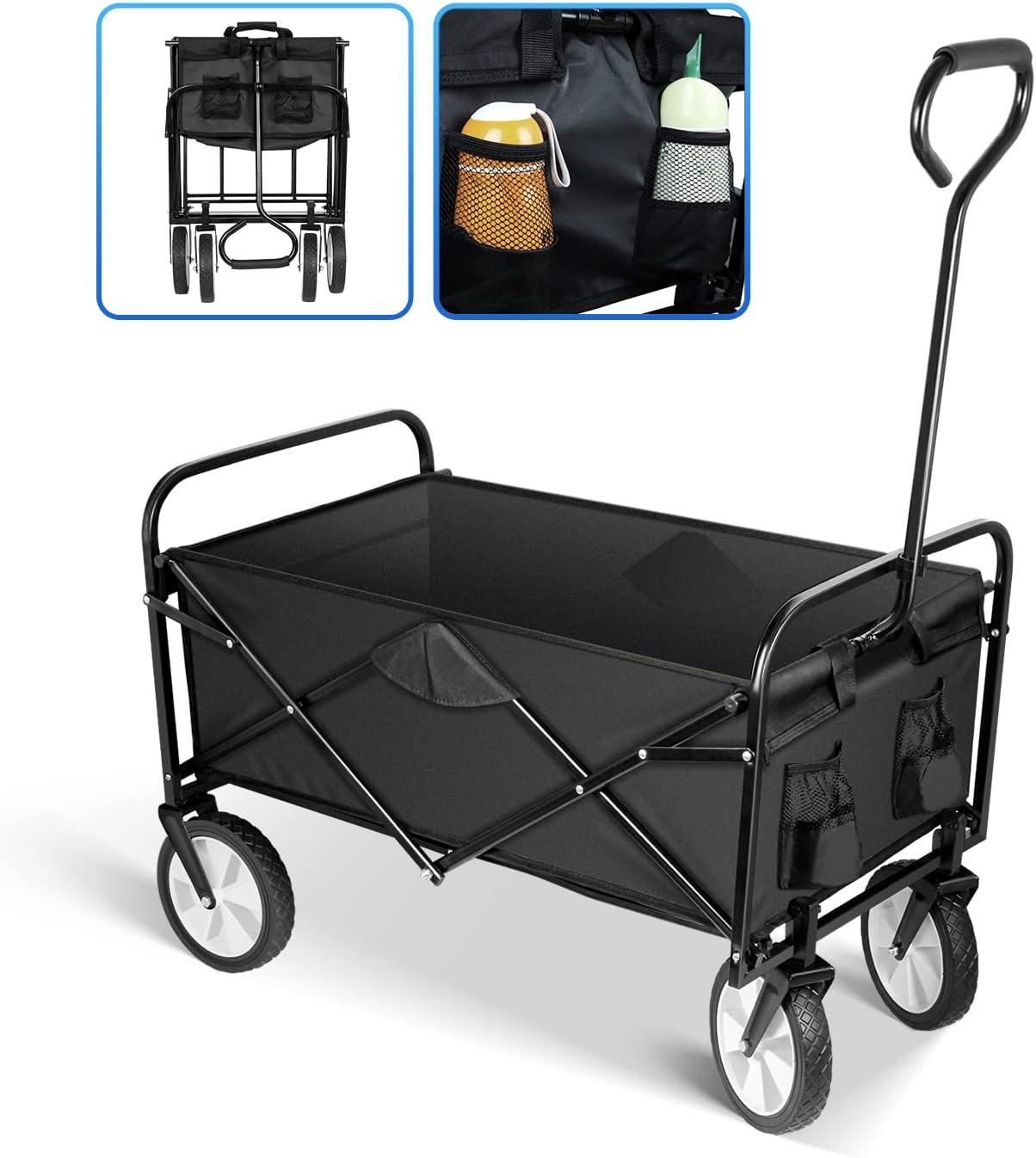 Black Folding Collapsible Garden Wagon with Adjustable Handle