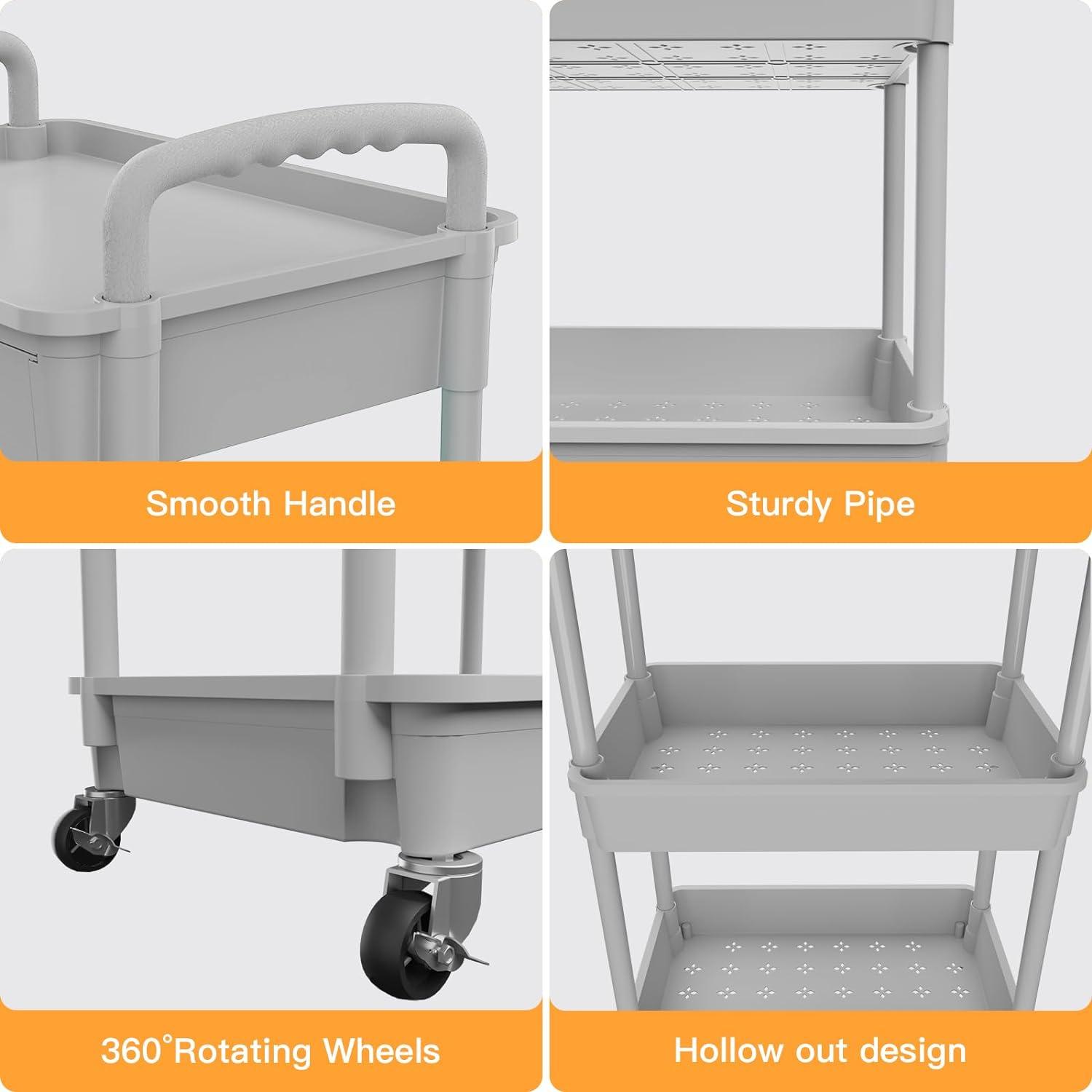 3 Tier Rolling Utility Cart with Drawer,REBECAT Utility Cart Made of Multifunctional Storage Organizer Tool for Kitchen,Bathroom,Living Room,Office(Gray)