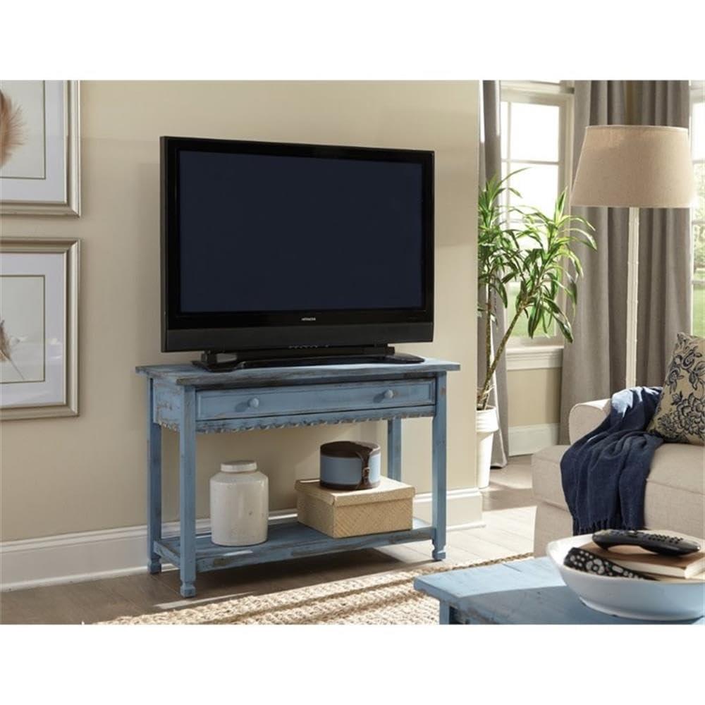 Alaterre Furniture Country Cottage Media/Console Table, Solid Pine Wood Perfect for Living Room, Entryway, Hallway, Blue Antique Finish