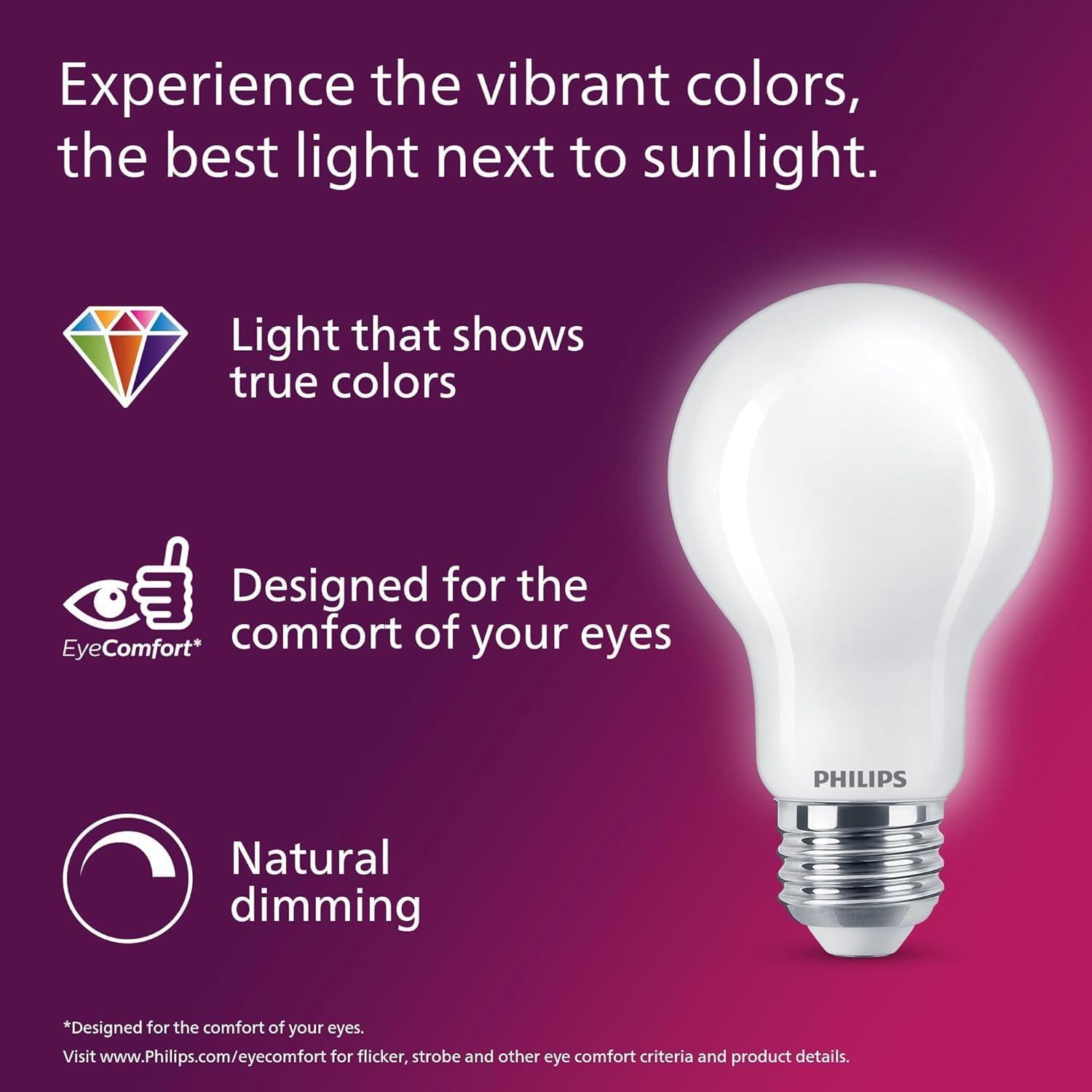 Philips UltraDef LED 60W Frosted Daylight A19 4P: Energy Star Certified Dimmable Light Bulbs, 800 Lumens, 13.7-Year Life