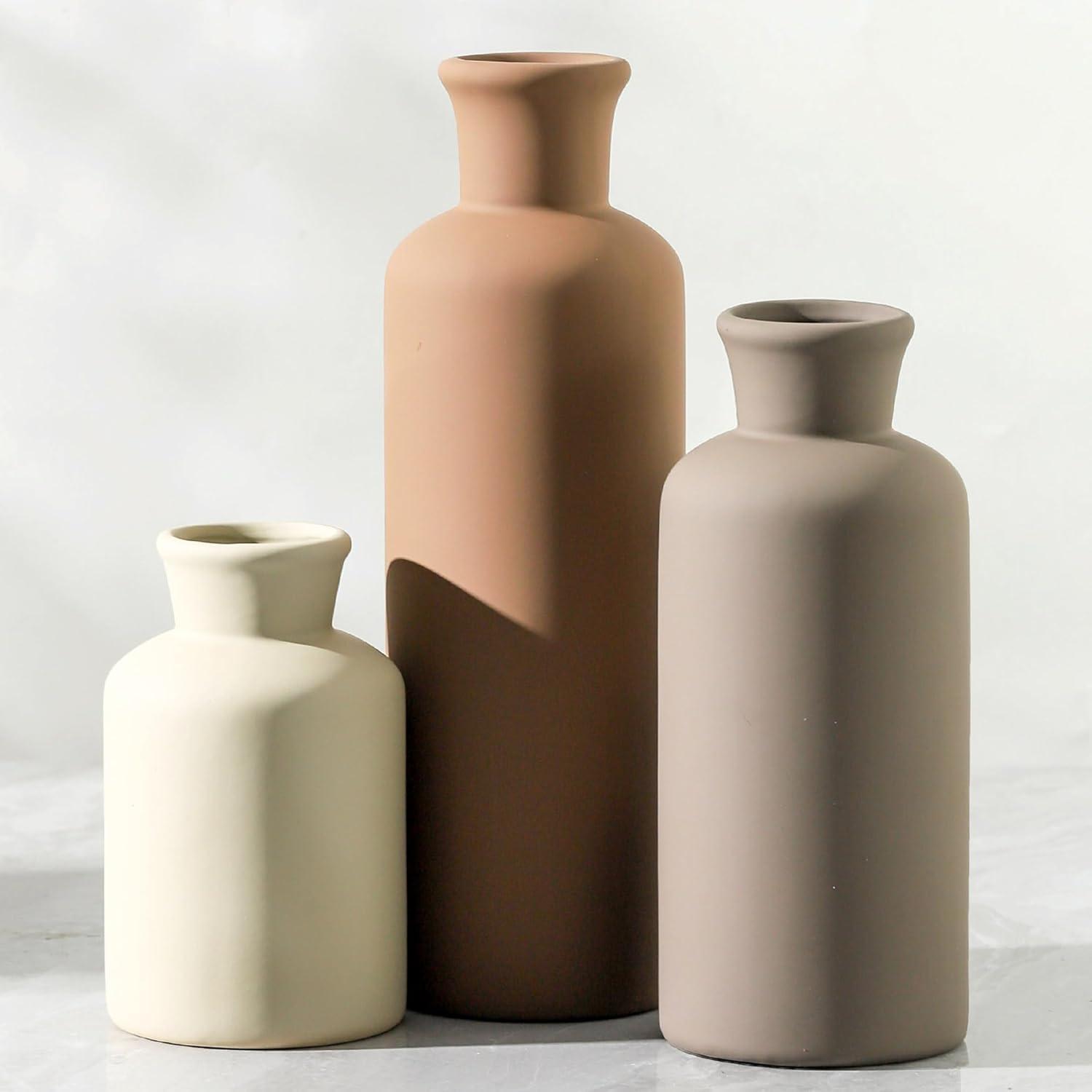Lark Manor™ Set Of 3 Ceramic Vases, Modern Neutral Home Decor For Farmhouse, Rustic, Or Boho Style - Perfect For Fresh Or Dried Flowers, Table, Mantel, Shelf, Entryway, Living Room, Kitchen, Bathroom - Brown