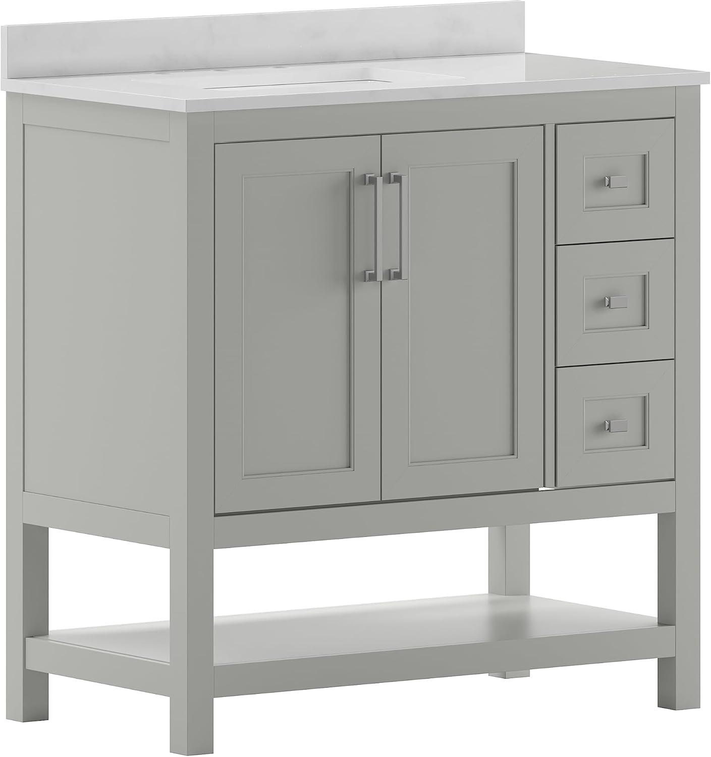 Taylor & Logan 36" Vivien Bathroom Vanity with Open Shelf and 3 Drawers Gray: Stoneware Top, Wood Frame, Single Basin