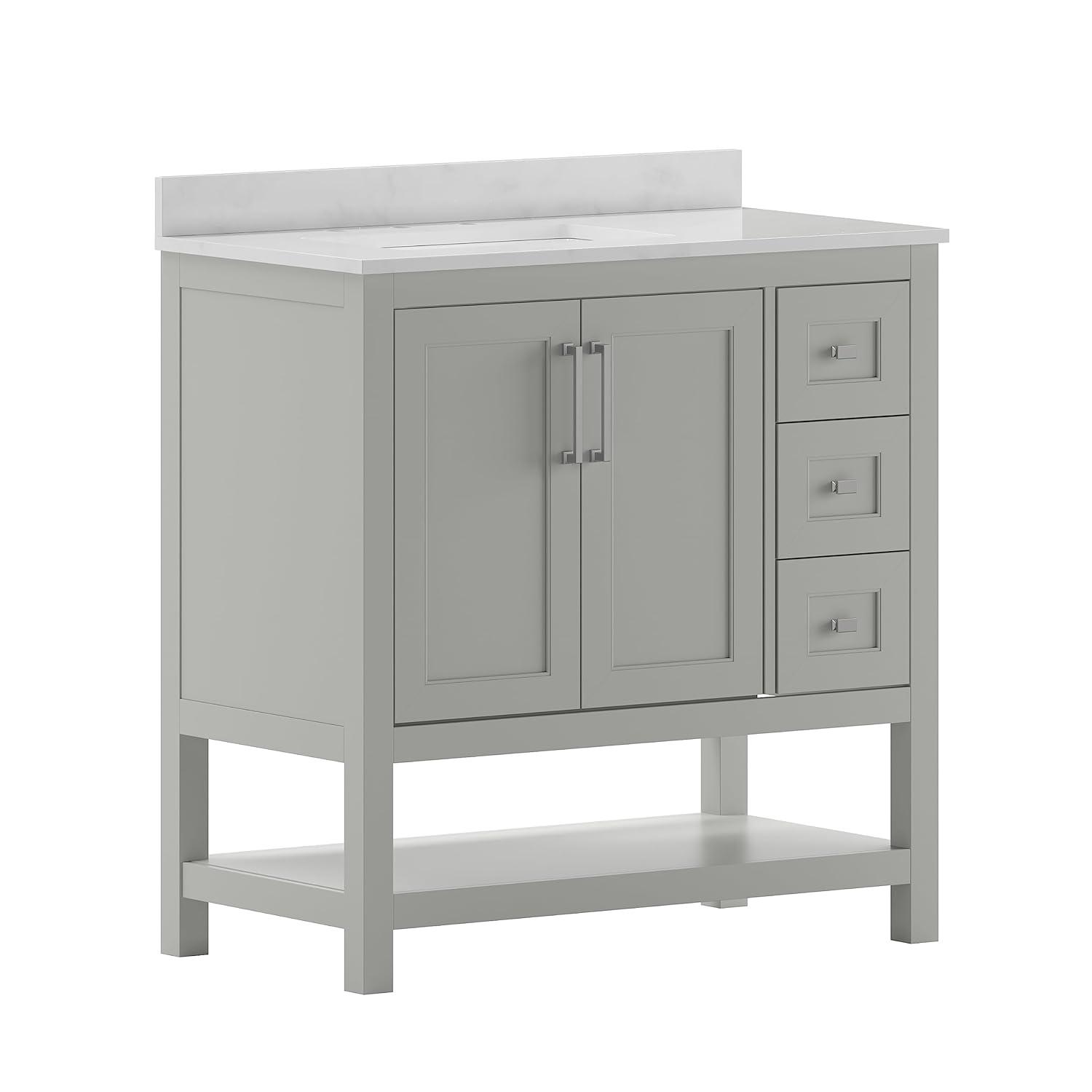 Taylor & Logan 36" Vivien Bathroom Vanity with Open Shelf and 3 Drawers Gray: Stoneware Top, Wood Frame, Single Basin