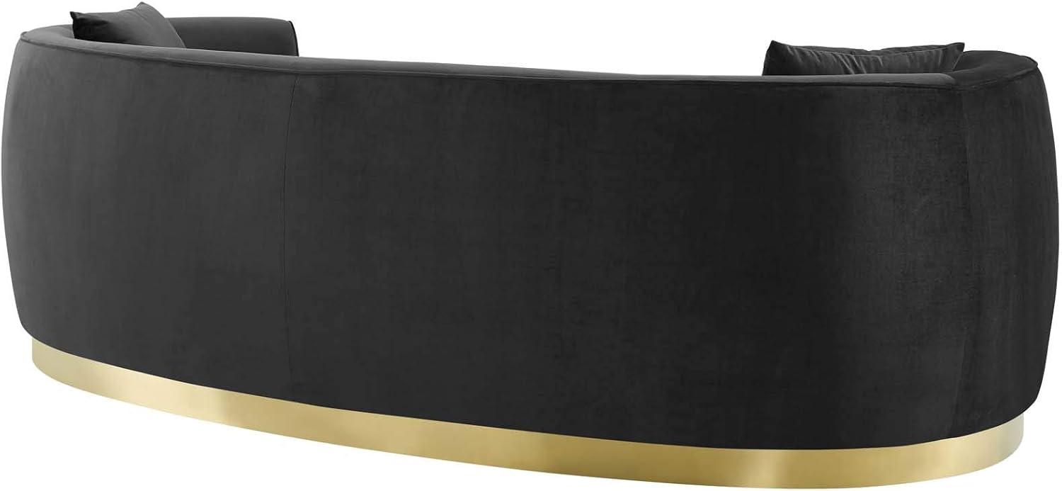 Luxurious Mid-Century Black Velvet Curved Sofa with Gold Base