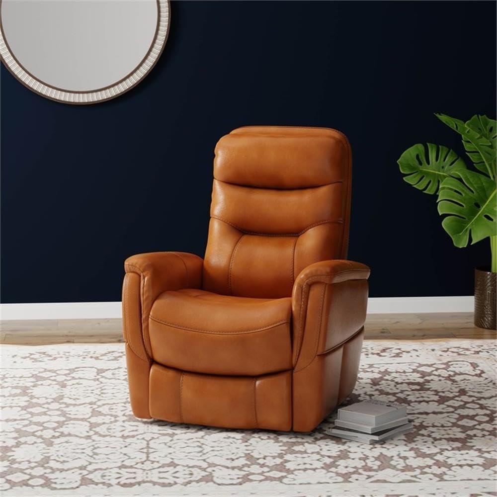 Butterscotch Leather Swivel Recliner with Wood Accents