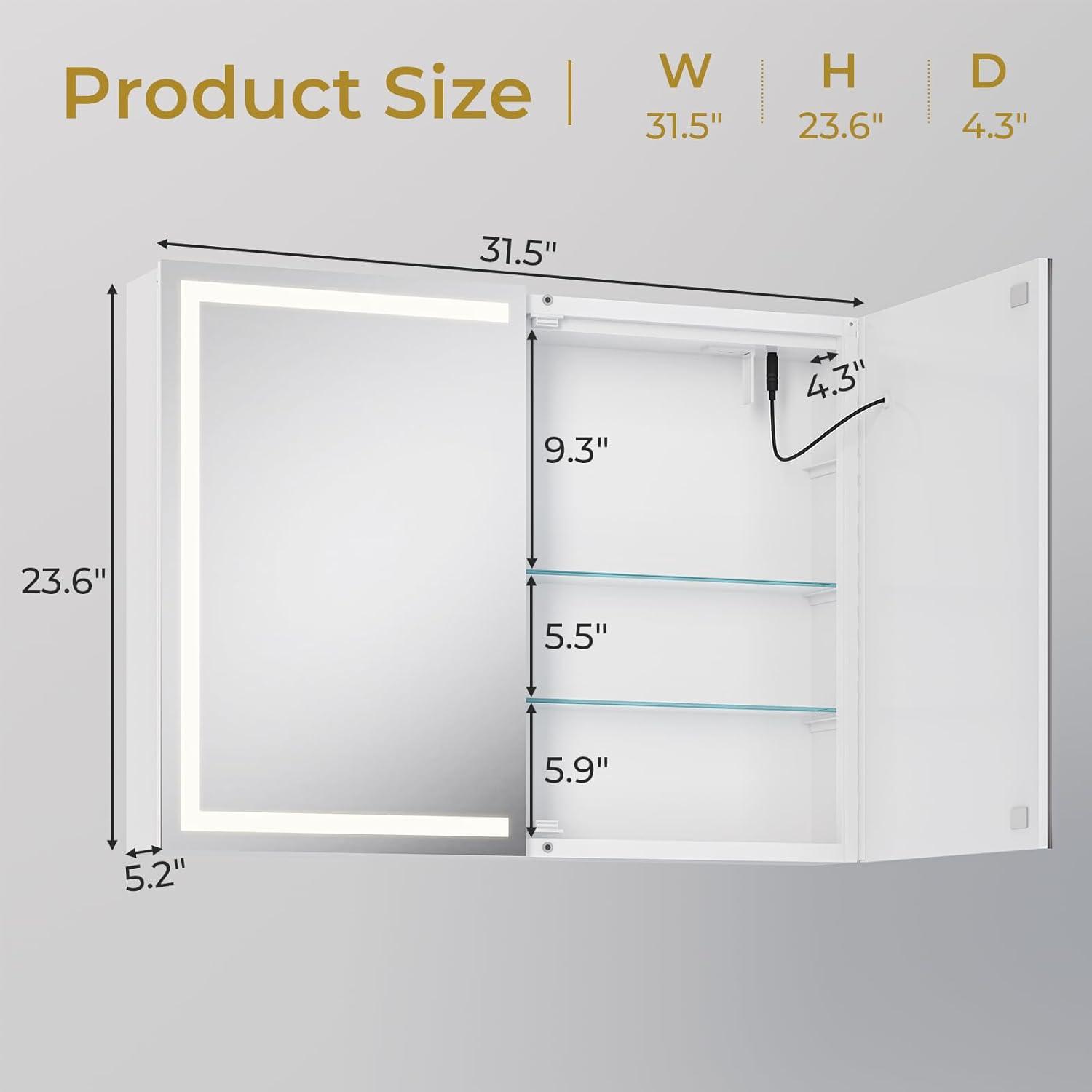 DICTAC Bathroom Medicine Cabinet with Mirror and LED Light, Wall Mounted Bathroom Mirror with Storage, 2 Doors Bathroom Wall Cabinet, Memory Dimmable 3 Color Temp, Adjustable Shelves, 31.5''x23.6''
