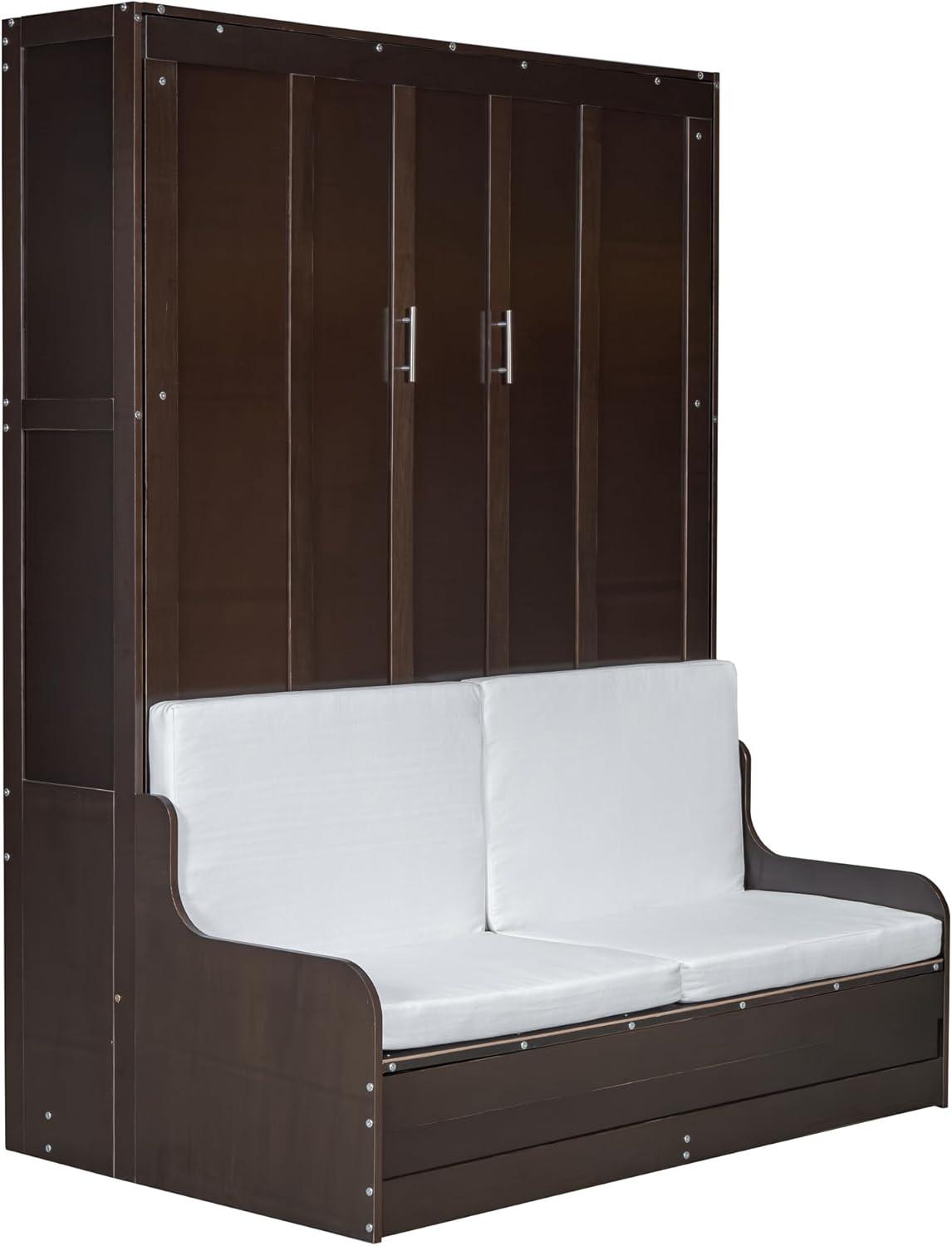 Harper & Bright Designs Queen Size Murphy Bed Chest with Upholstered Headboard, Espresso Wood Wall Bed Cabinet with Cushion Seat, Foldable for Guest Room Home Office