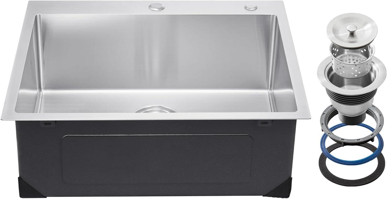 VEVOR 25 inch Kitchen Sink Workstation, 304 Stainless Steel Top Mount Sinks, Drop-In Single Bowl Farmhouse Basin with Accessories, Household Dishwasher Sinks for RV, Prep Kitchen, Laundry Room, Bar