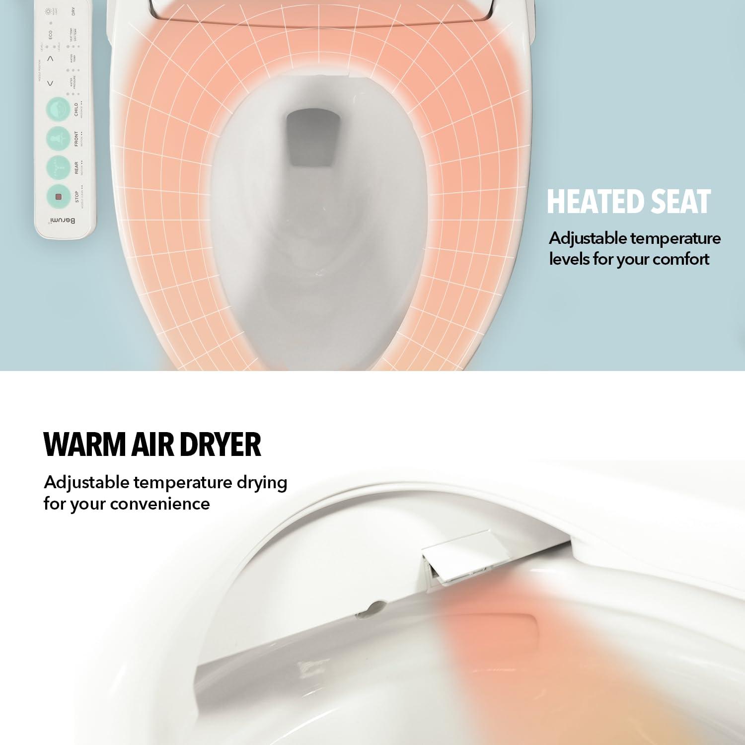 Barumi BM-5000 Electric Elongated Bidet for Toilet, Warm Seat & Air Dryer, Warm Water & Pressure, Self-Cleaning, Child Mode, Eco Mode, Night Light, Hybrid Heating, Soft Close Lid