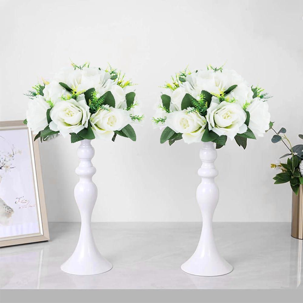 Nuptio Set of 10 White Rose Artificial Flower Kissing ball, 15 Heads Fake Peony Silk Flowers Bouquet for Centerpiece Wedding Birthday Party Home Table Decor