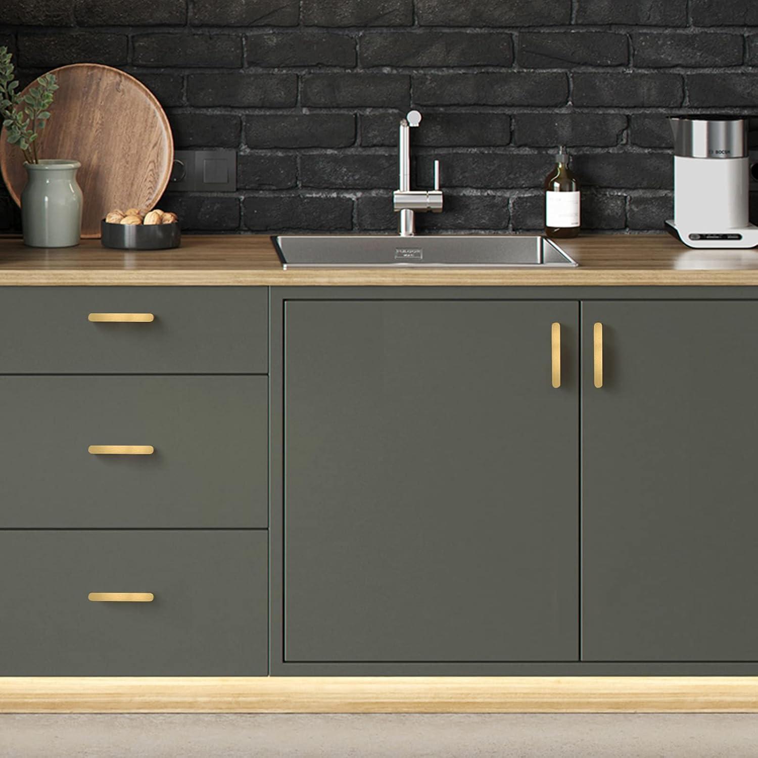 2 Pack Brushed Brass Cabinet Handles, 3-3/4" Hole Centers Drawer Pulls Solid Zinc Alloy Cabinet Pulls Furniture Kitchen Cupboard Hardware